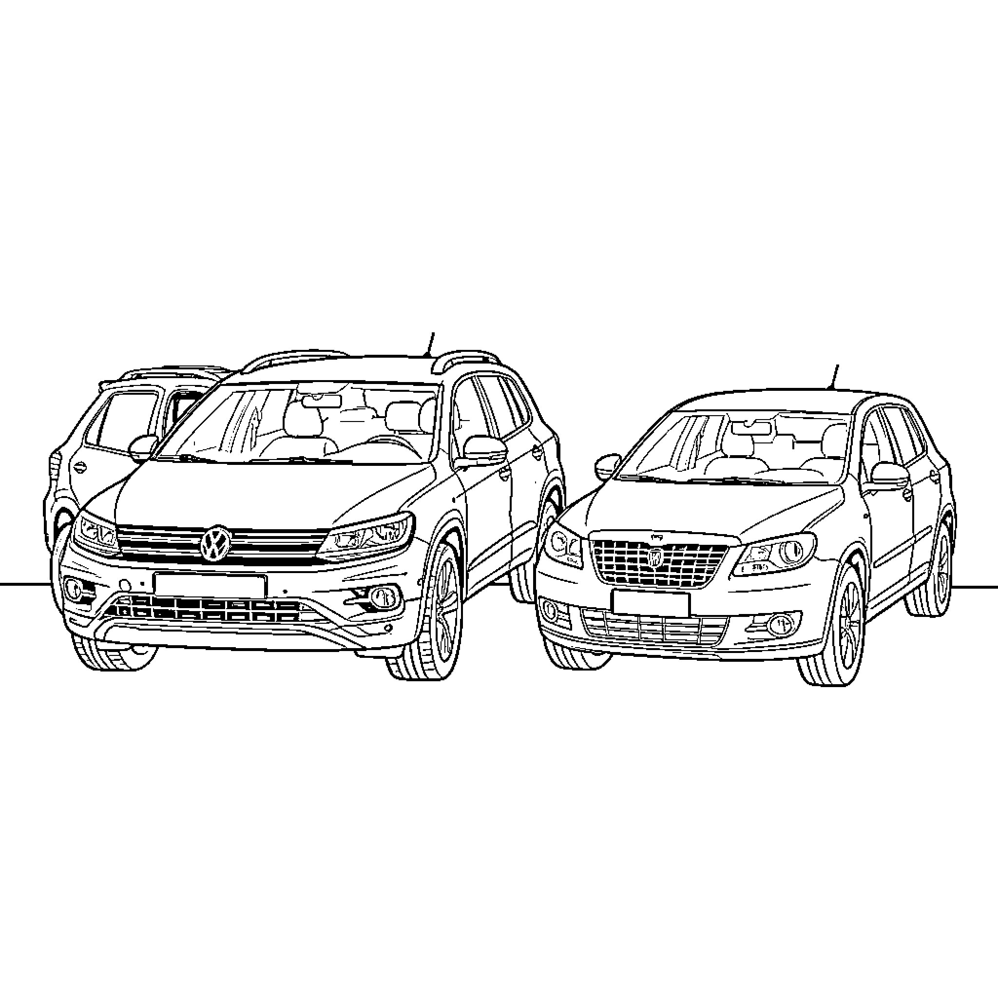 Car parked in a row in a lot Coloring Page (free black-and-white line drawing printable PDF for all, from beginners to advanced learners, including children, teens, adults, and seniors)