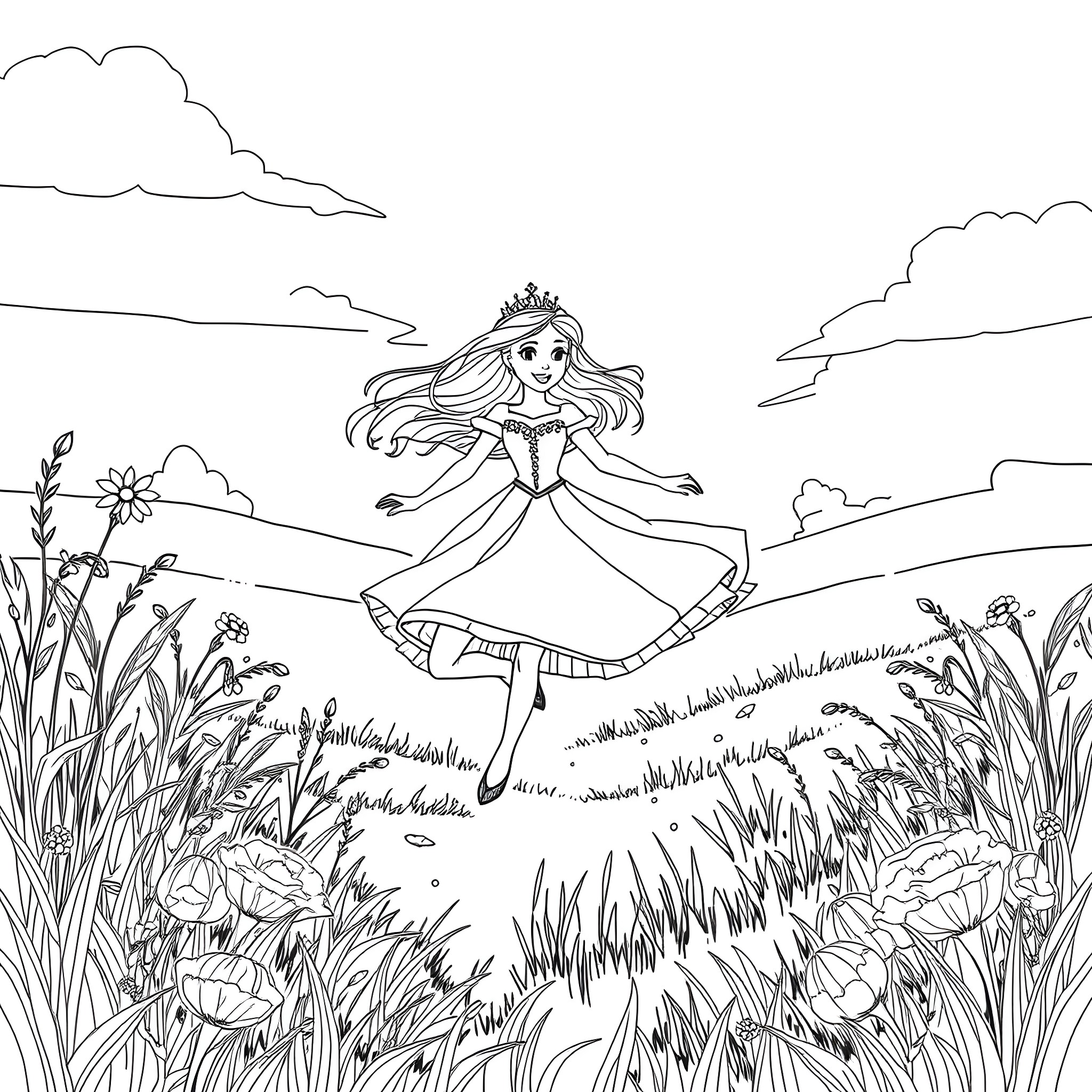 Princess dancing gracefully in the meadow Coloring Page (free black-and-white line drawing printable PDF for all, from beginners to advanced learners, including children, teens, adults, and seniors)