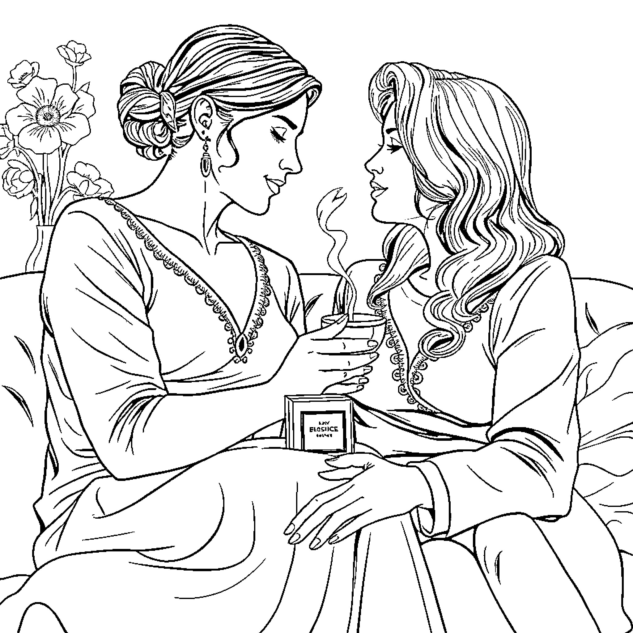 Wife celebrating special occasion with friend Coloring Page (free black-and-white line drawing printable PDF for all, from beginners to advanced learners, including children, teens, adults, and seniors)