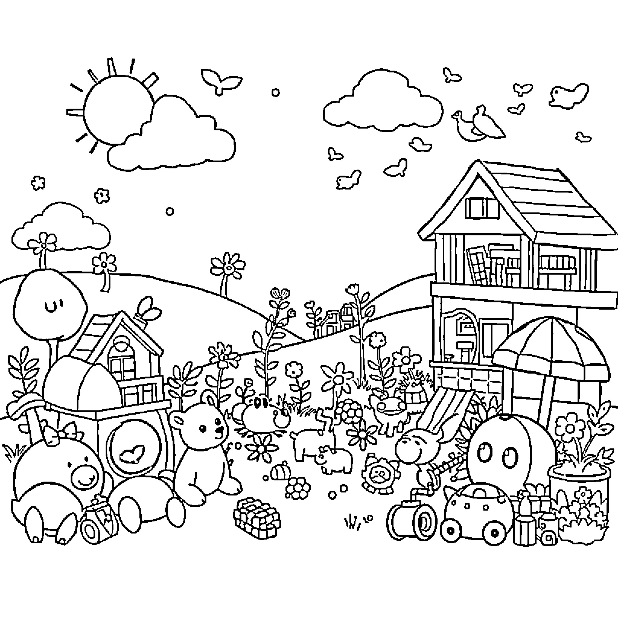 Poppy's Playful Countryside Adventure Coloring Page (free black-and-white line drawing printable PDF for all, from beginners to advanced learners, including children, teens, adults, and seniors)