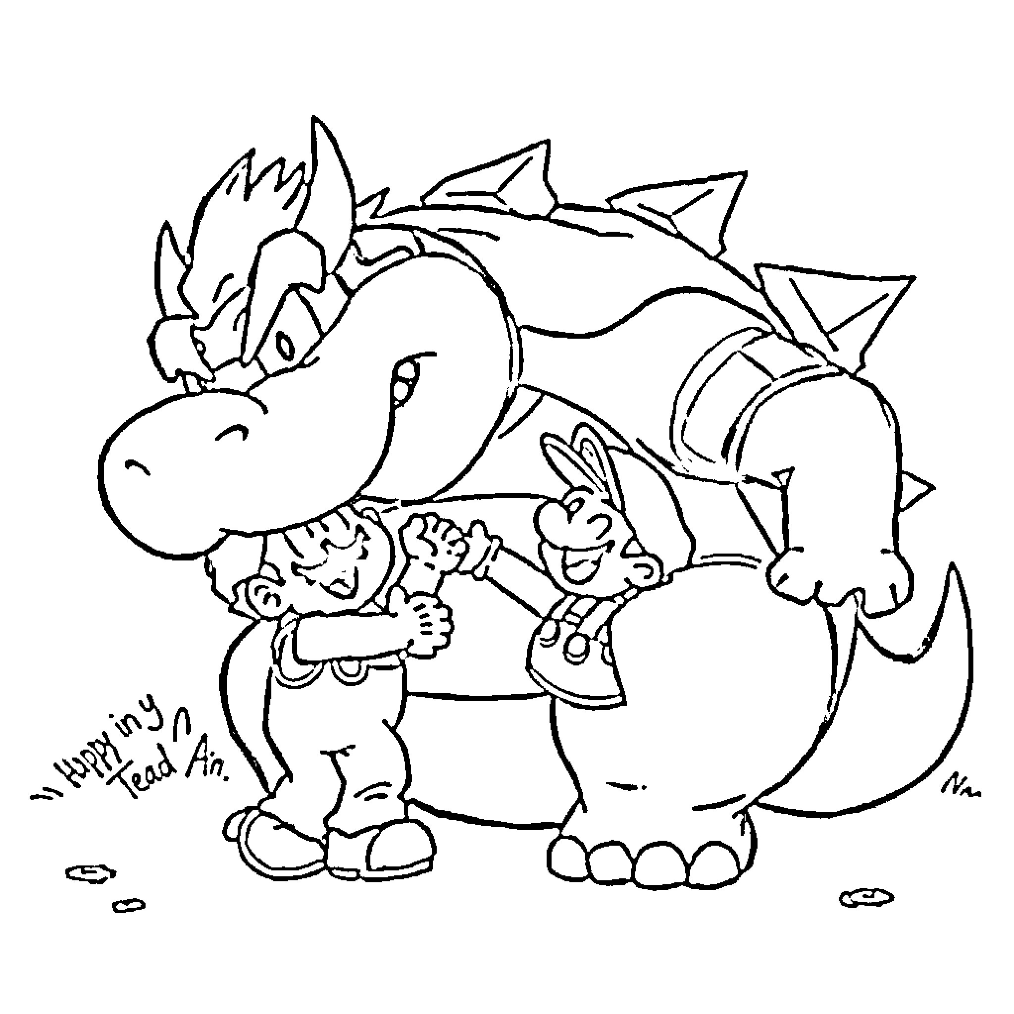 Bowser and friends in playful cartoon scene Coloring Page (free black-and-white line drawing printable PDF for all, from beginners to advanced learners, including children, teens, adults, and seniors)