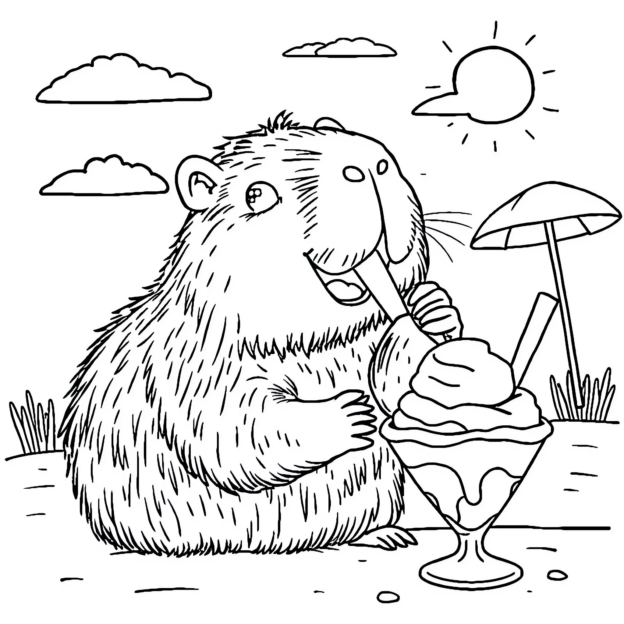 Capybara enjoying a refreshing treat on a sunny day Coloring Page (free black-and-white line drawing printable PDF for all, from beginners to advanced learners, including children, teens, adults, and seniors)