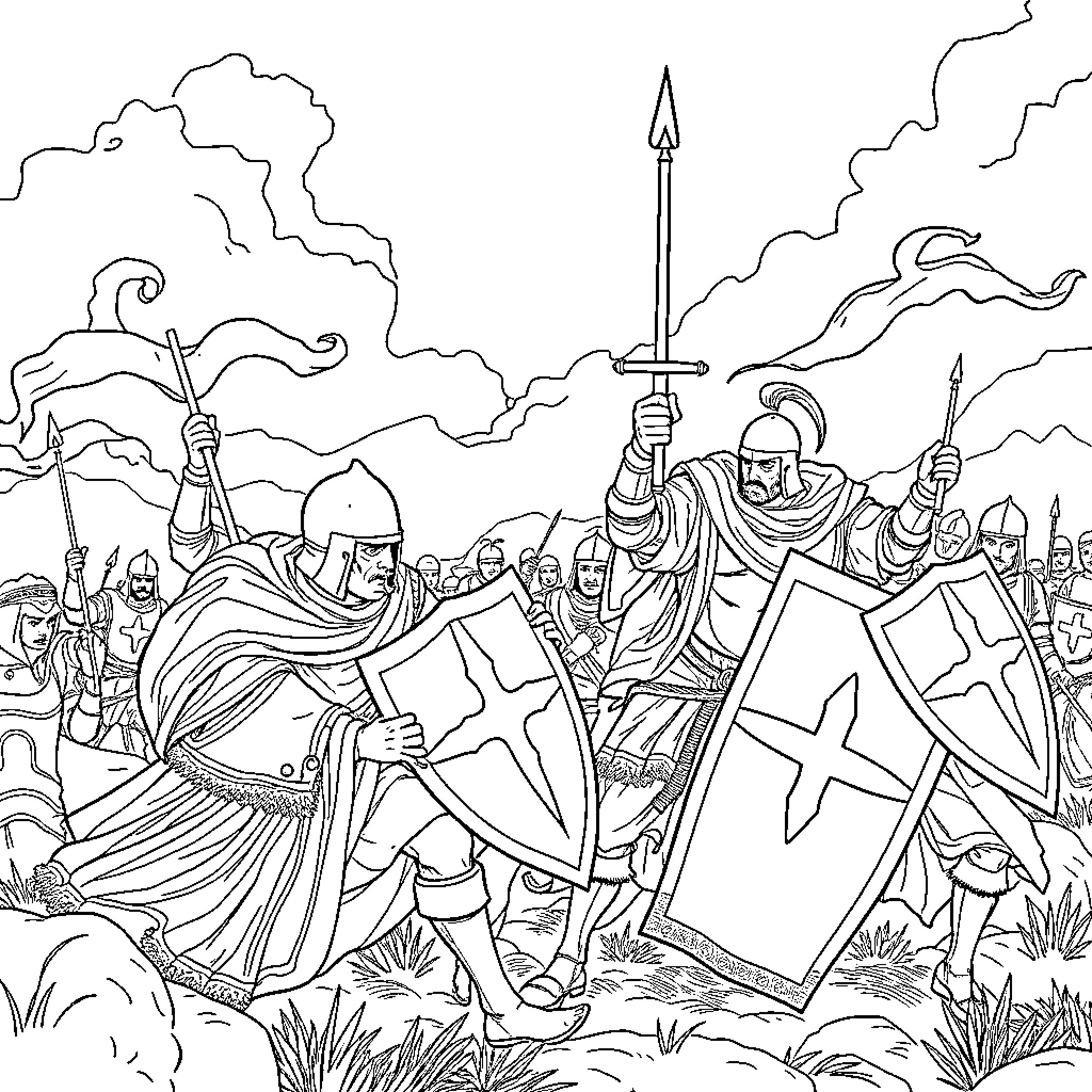 Crusader Knights Engaged in Battle on Battlefield Coloring Page (free black-and-white line drawing printable PDF for all, from beginners to advanced learners, including children, teens, adults, and seniors)