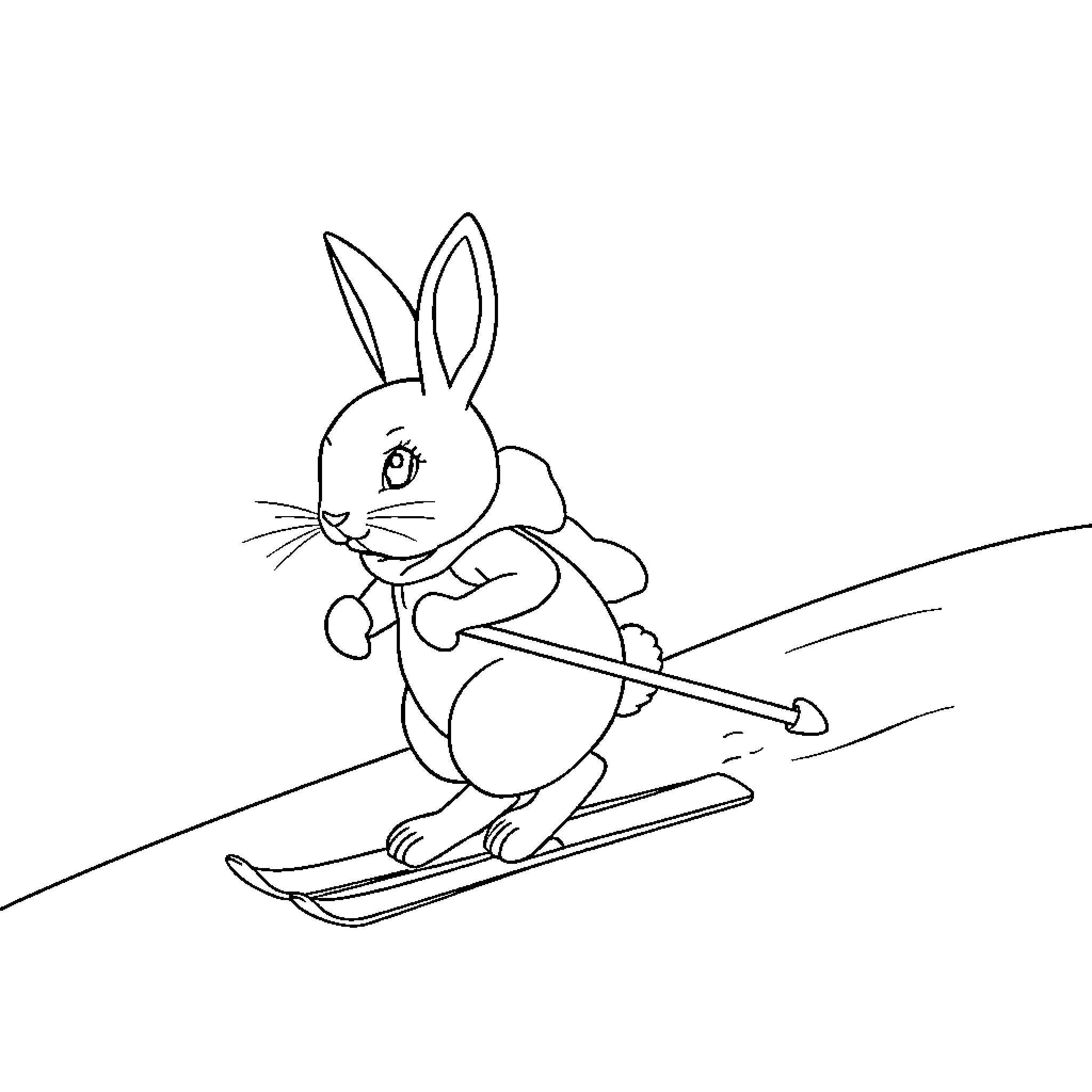 Bunny skiing down a snowy slope Coloring Page (free black-and-white line drawing printable PDF for all, from beginners to advanced learners, including children, teens, adults, and seniors)