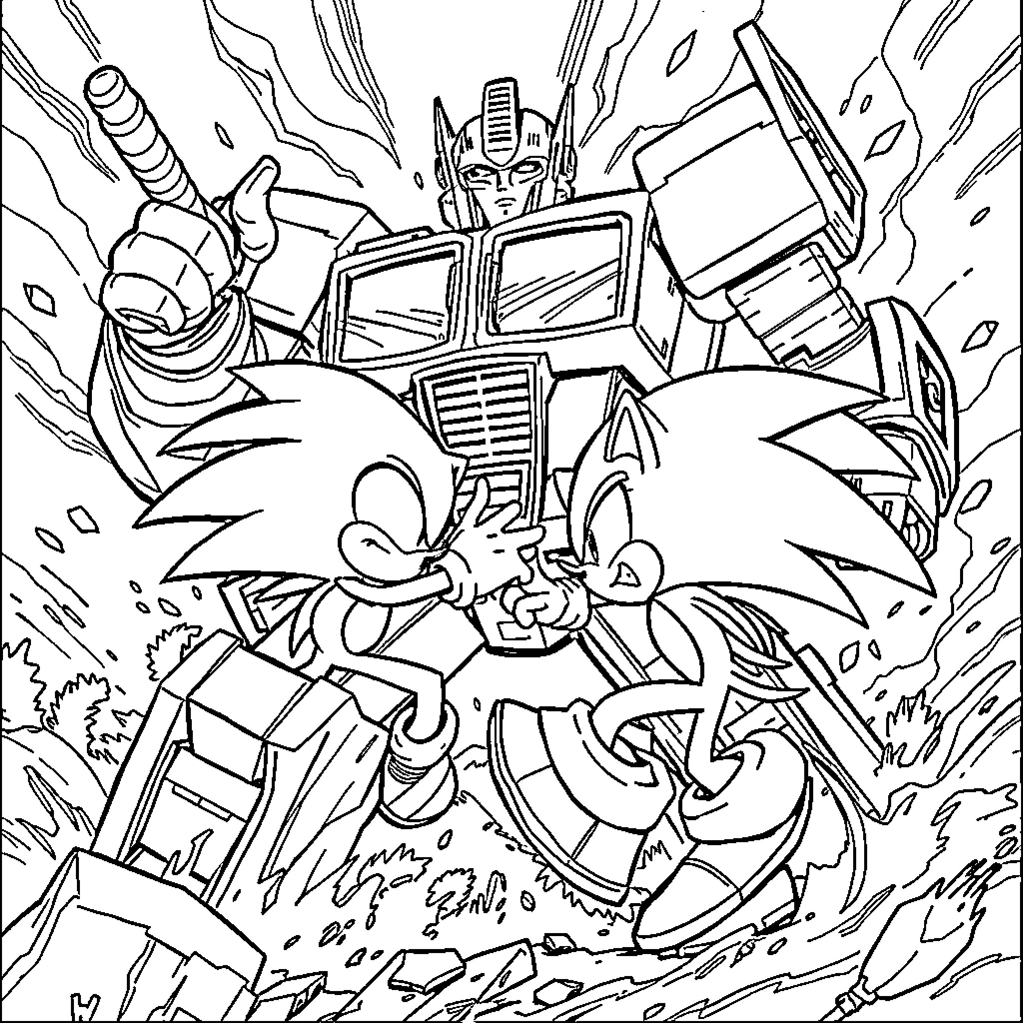 Optimus Prime battles Sonic the Hedgehog in a dramatic scene Coloring Page (free black-and-white line drawing printable PDF for all, from beginners to advanced learners, including children, teens, adults, and seniors)