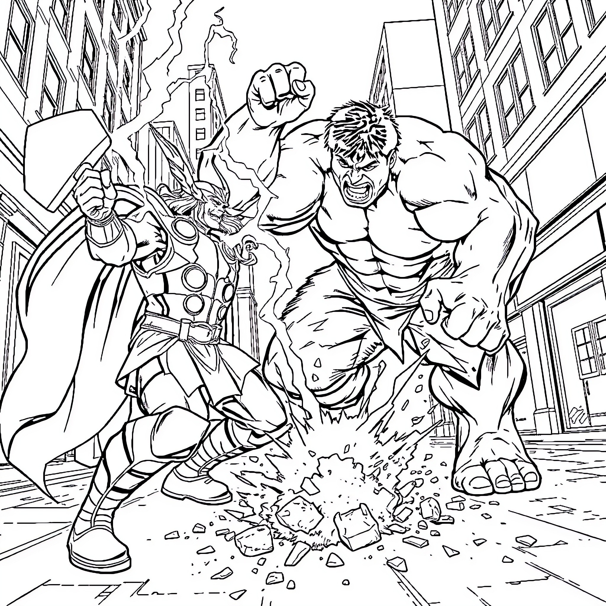 Thor's Mighty Clash in the City Chaos Coloring Page (free black-and-white line drawing printable PDF for all, from beginners to advanced learners, including children, teens, adults, and seniors)