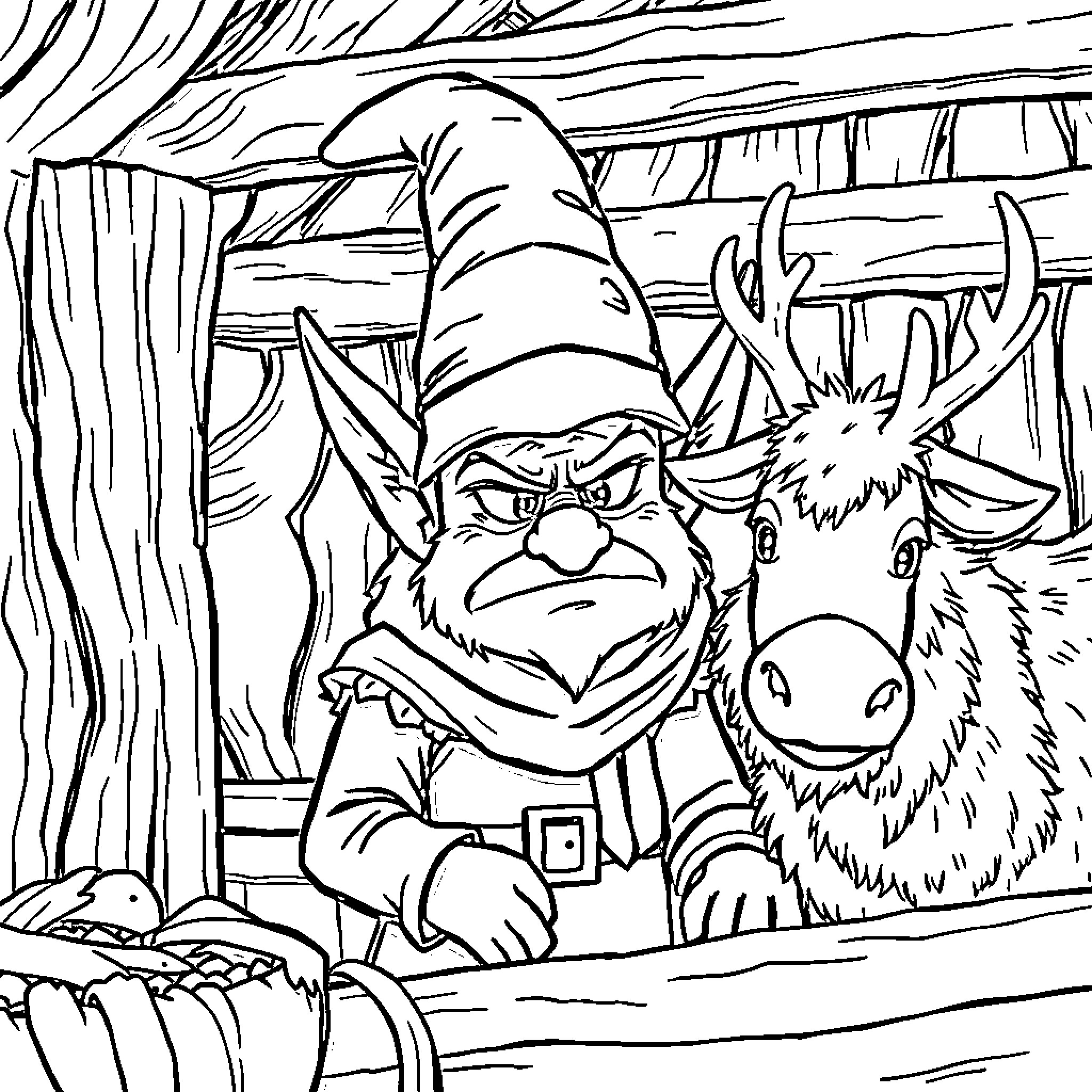 Elf confronting grumpy reindeer in snowy forest Coloring Page (free black-and-white line drawing printable PDF for all, from beginners to advanced learners, including children, teens, adults, and seniors)