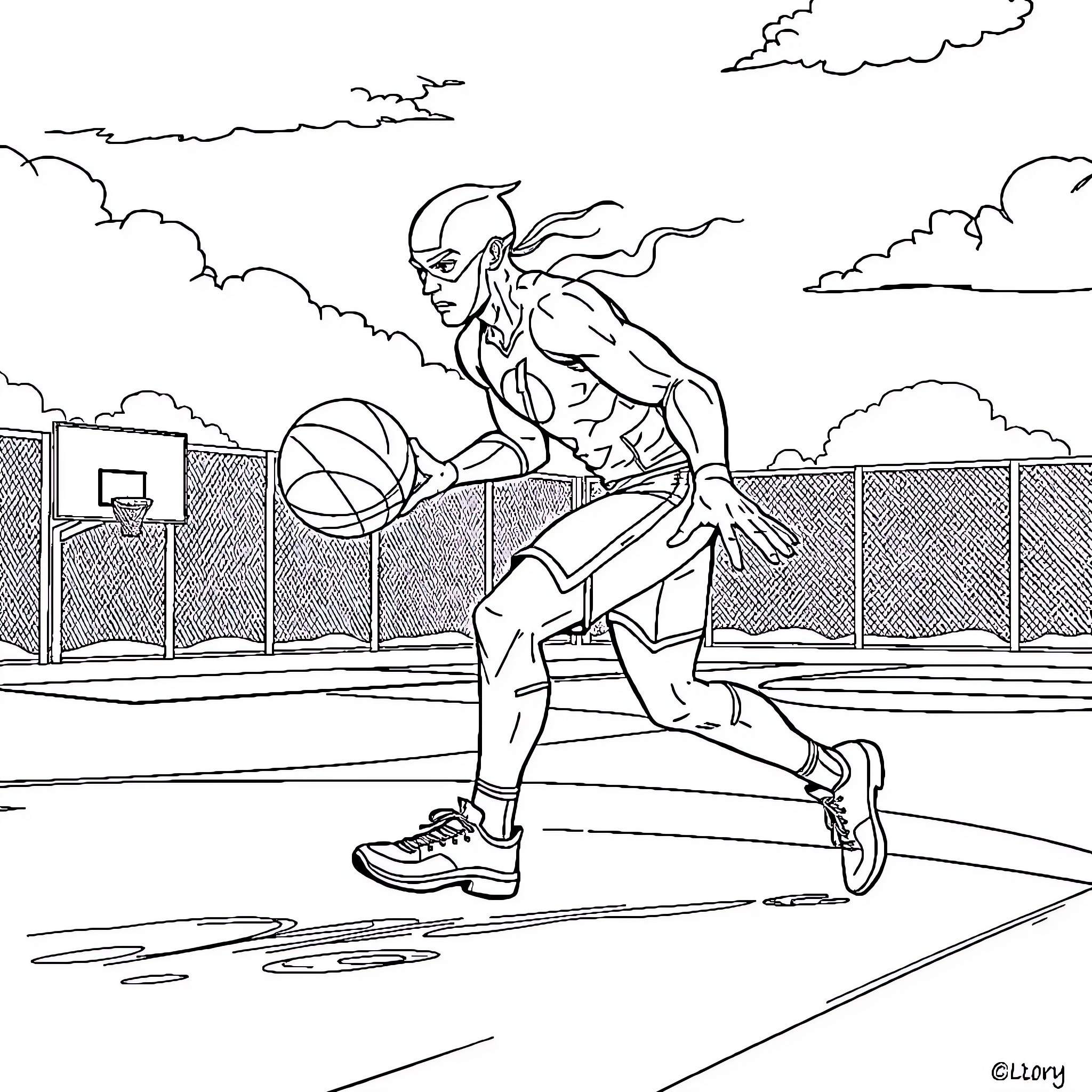 Flash Basketball Player Dribbling on Court Coloring Page (free black-and-white line drawing printable PDF for all, from beginners to advanced learners, including children, teens, adults, and seniors)