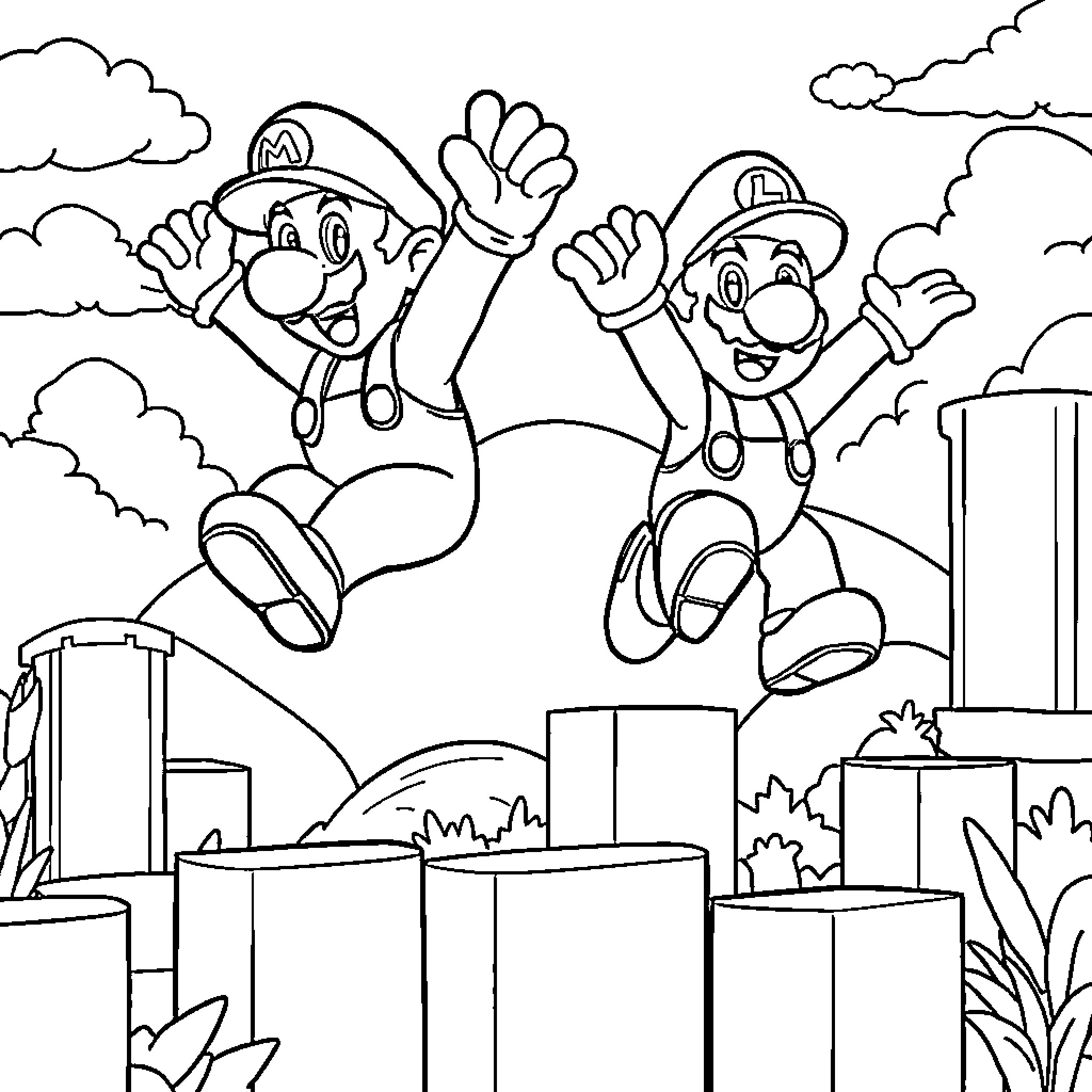 Mario characters jumping with excitement Coloring Page (free black-and-white line drawing printable PDF for all, from beginners to advanced learners, including children, teens, adults, and seniors)
