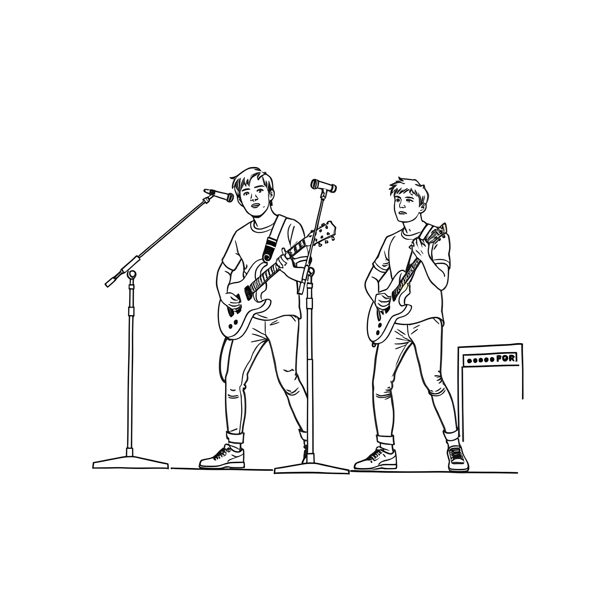 Twenty One Pilots performing on stage Coloring Page (free black-and-white line drawing printable PDF for all, from beginners to advanced learners, including children, teens, adults, and seniors)