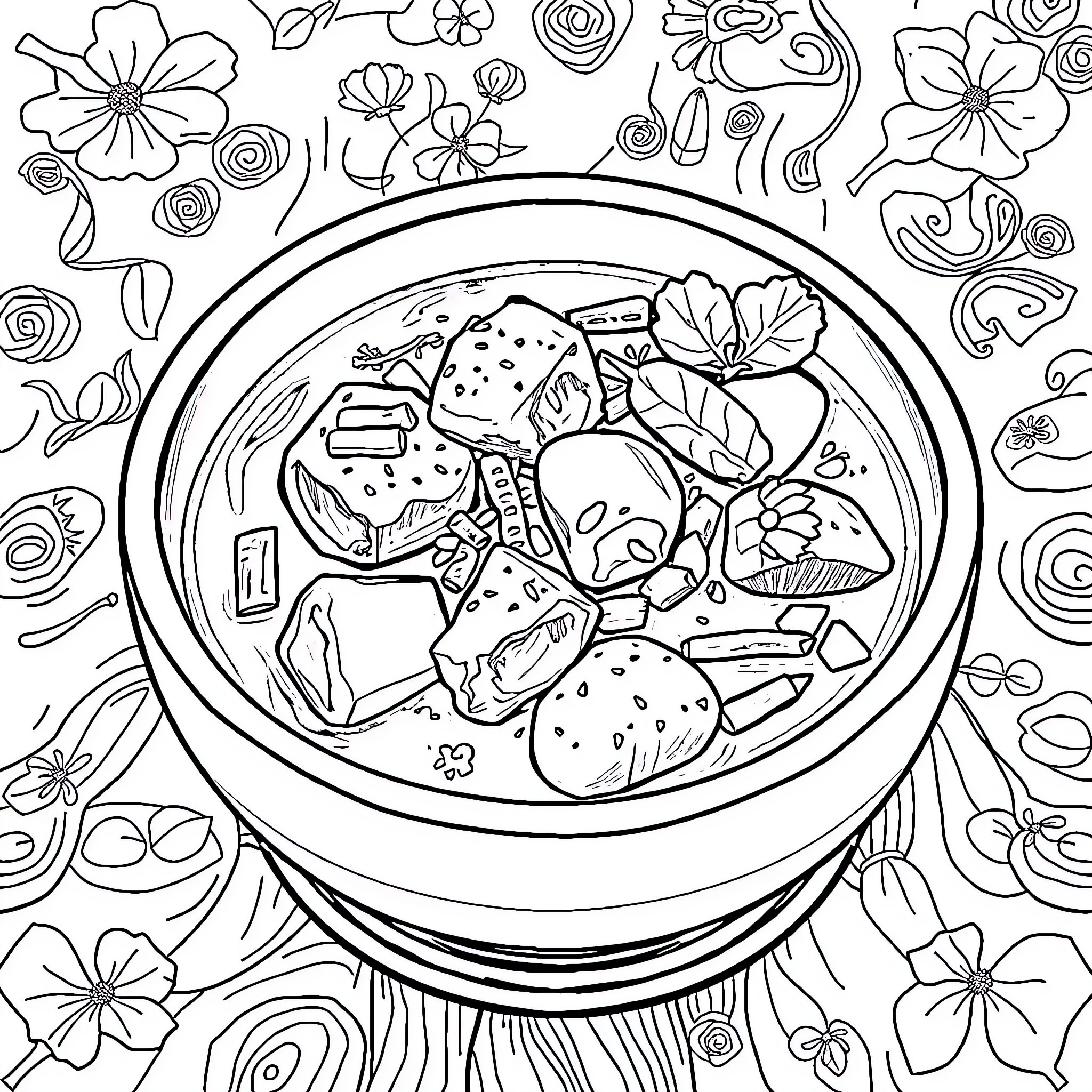 Curry Ingredients in Floral Arrangement Coloring Page (free black-and-white line drawing printable PDF for all, from beginners to advanced learners, including children, teens, adults, and seniors)