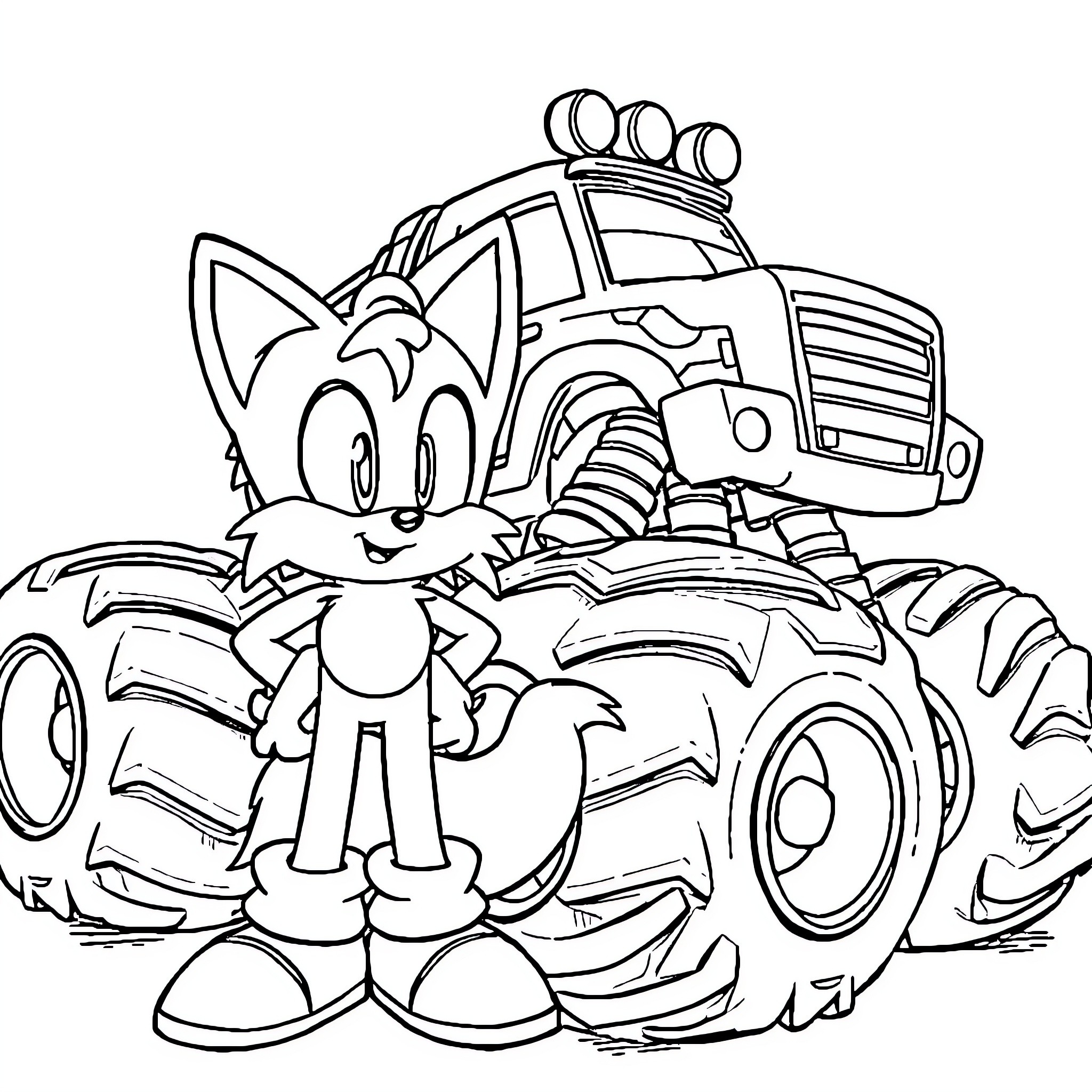 Tails' Exciting Monster Truck Adventure Coloring Page (free black-and-white line drawing printable PDF for all, from beginners to advanced learners, including children, teens, adults, and seniors)