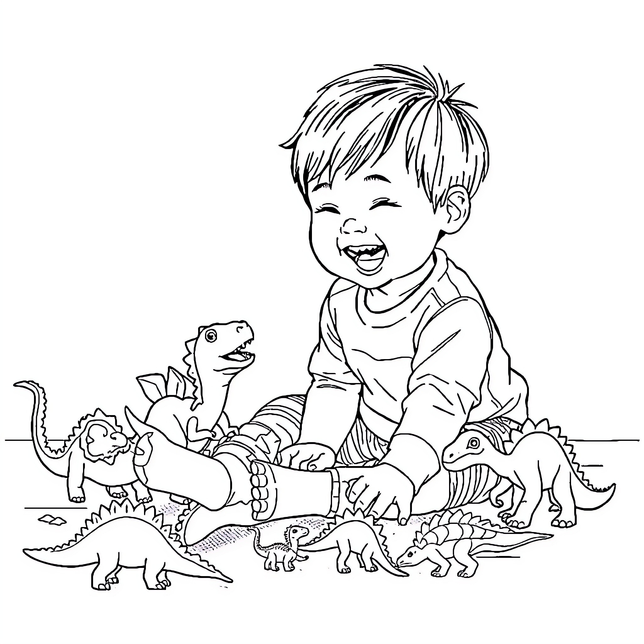 Dinosaur playtime with a happy boy Coloring Page (free black-and-white line drawing printable PDF for all, from beginners to advanced learners, including children, teens, adults, and seniors)