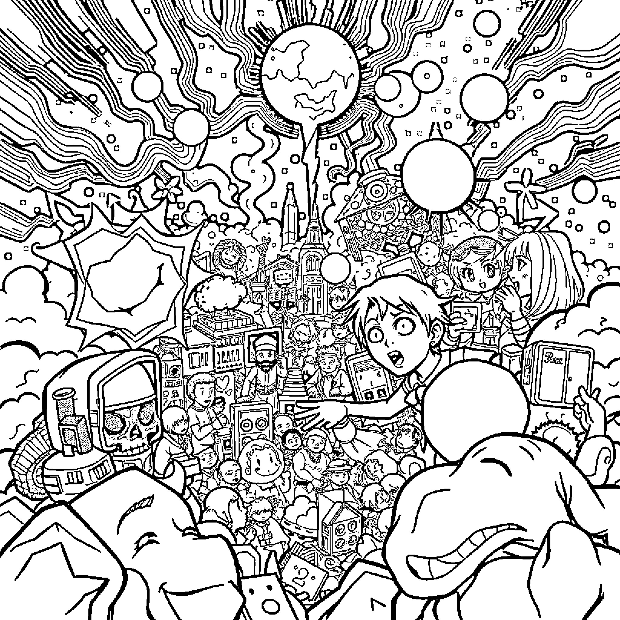 Manga Fantastical Dreamscape with Diverse Characters Coloring Page (free black-and-white line drawing printable PDF for all, from beginners to advanced learners, including children, teens, adults, and seniors)