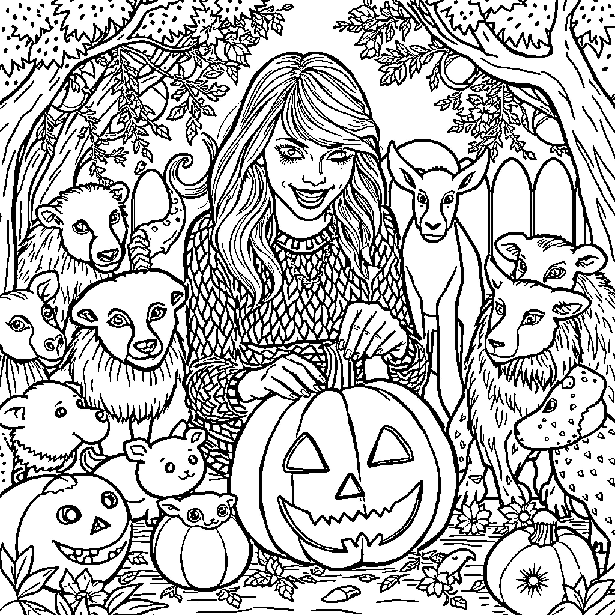 Taylor Swift Surrounded by Whimsical Halloween Creatures Coloring Page (free black-and-white line drawing printable PDF for all, from beginners to advanced learners, including children, teens, adults, and seniors)