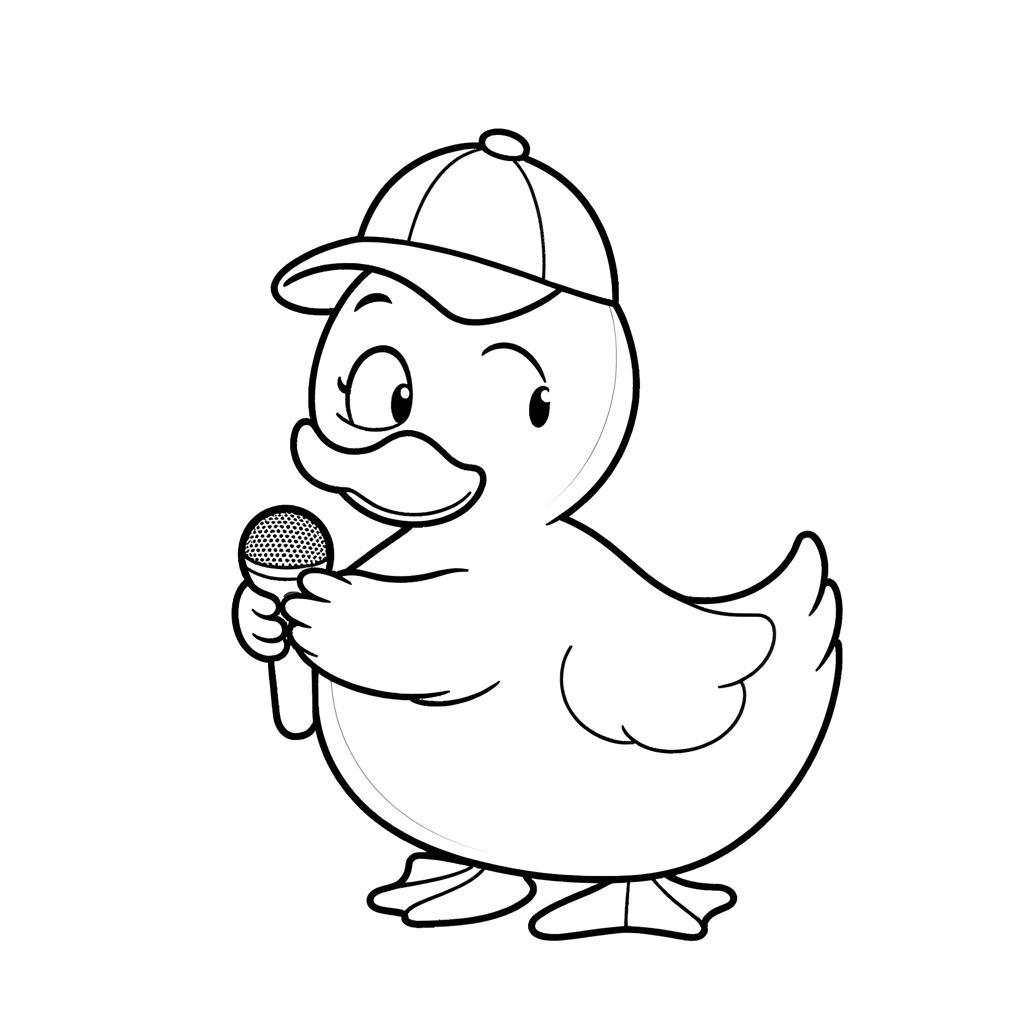 Duck Singing with Microphone Coloring Page (free black-and-white line drawing printable PDF for all, from beginners to advanced learners, including children, teens, adults, and seniors)