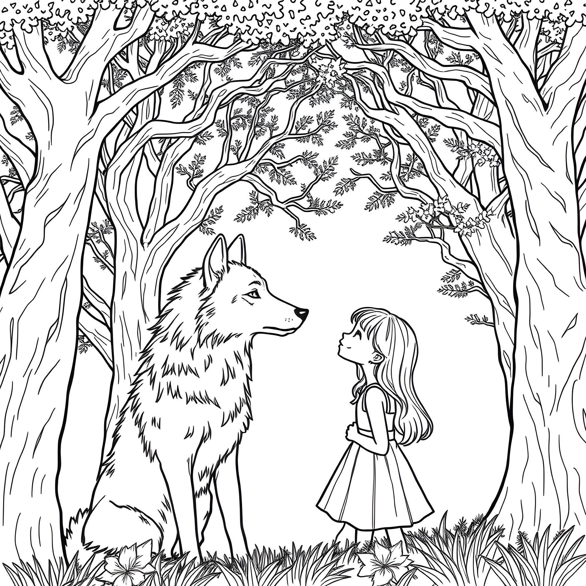 Wolf and Girl in Enchanted Forest Coloring Page (free black-and-white line drawing printable PDF for all, from beginners to advanced learners, including children, teens, adults, and seniors)