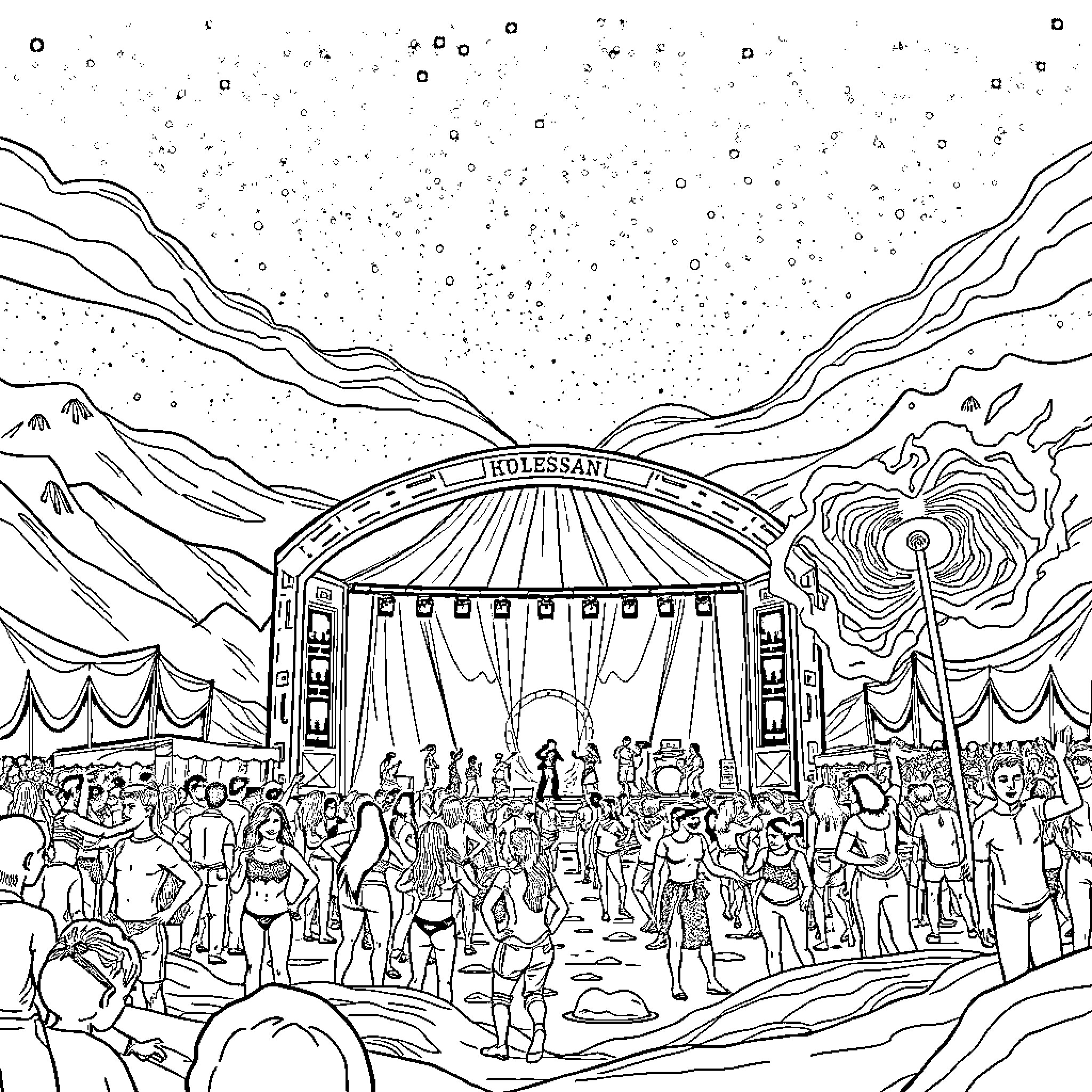 Festival of Music and Celebration in the Wilderness Coloring Page (free black-and-white line drawing printable PDF for all, from beginners to advanced learners, including children, teens, adults, and seniors)