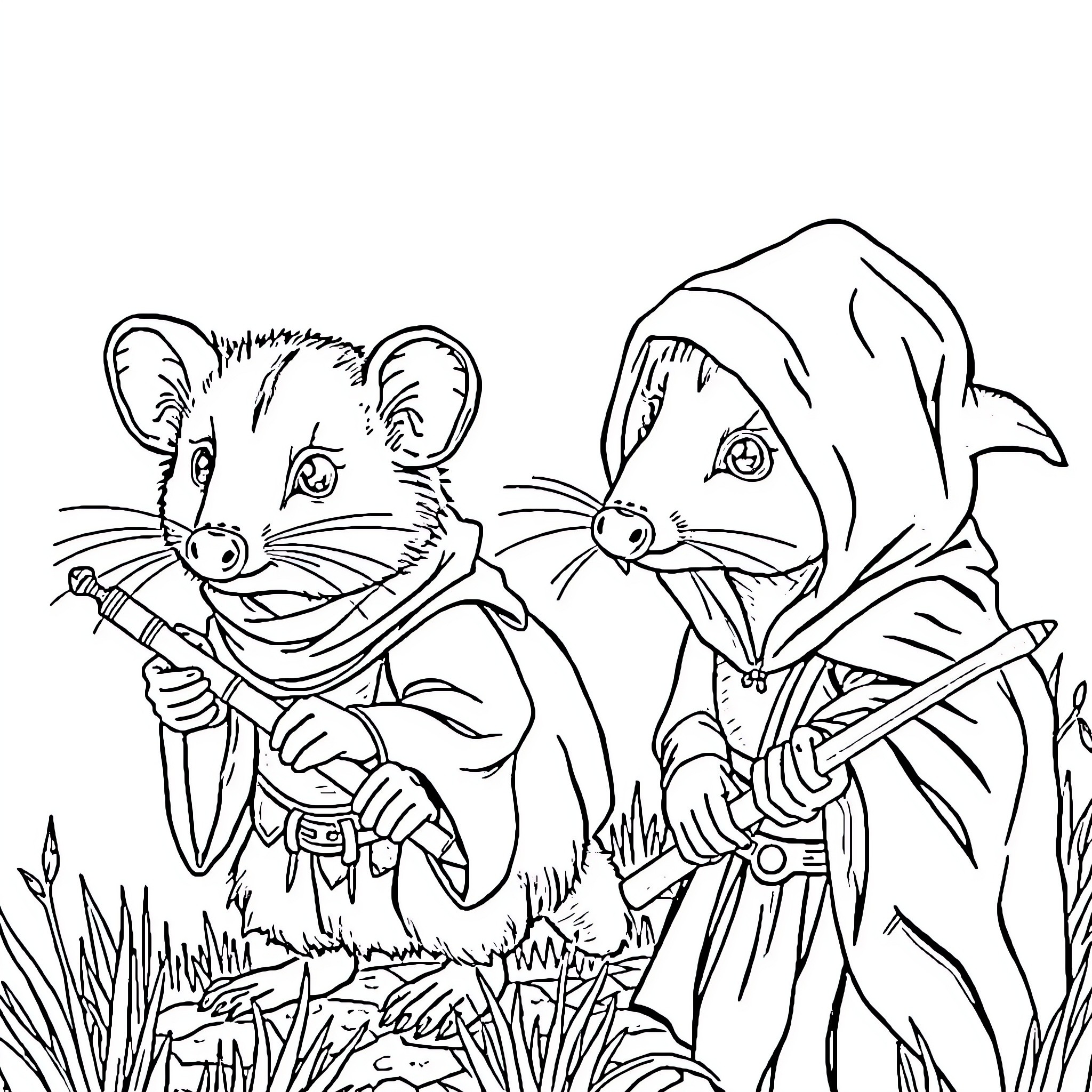 Possum siblings exploring the forest together Coloring Page (free black-and-white line drawing printable PDF for all, from beginners to advanced learners, including children, teens, adults, and seniors)