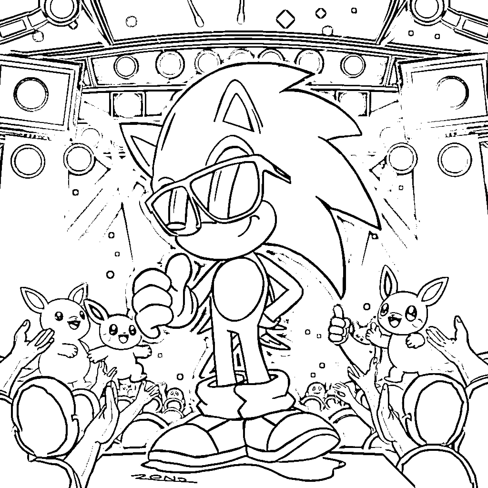 Sonic's Animated Adventure with Playful Friends Coloring Page (free black-and-white line drawing printable PDF for all, from beginners to advanced learners, including children, teens, adults, and seniors)