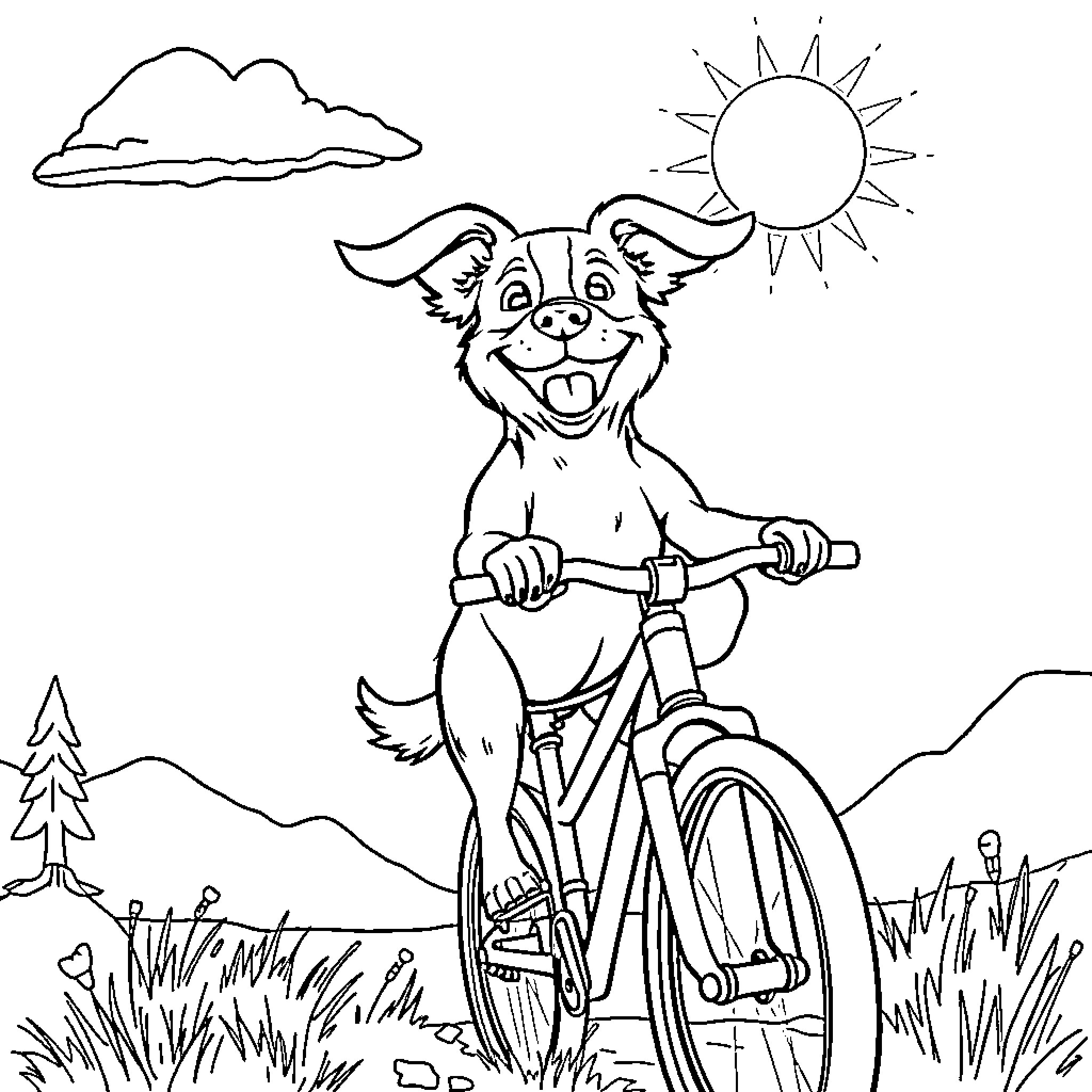 Dog riding bicycle in the countryside Coloring Page (free black-and-white line drawing printable PDF for all, from beginners to advanced learners, including children, teens, adults, and seniors)