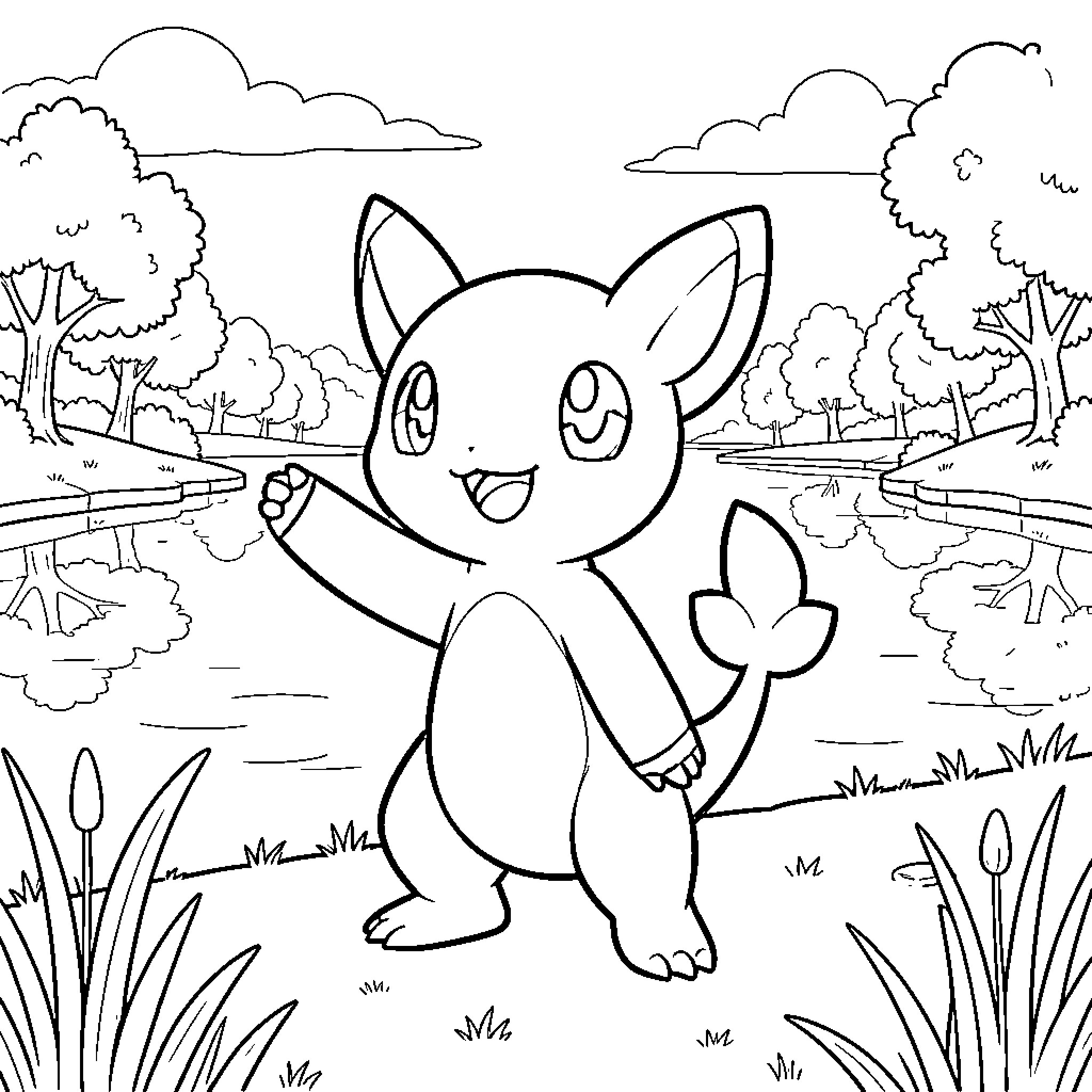 Massko waving happily in a natural landscape Coloring Page (free black-and-white line drawing printable PDF for all, from beginners to advanced learners, including children, teens, adults, and seniors)