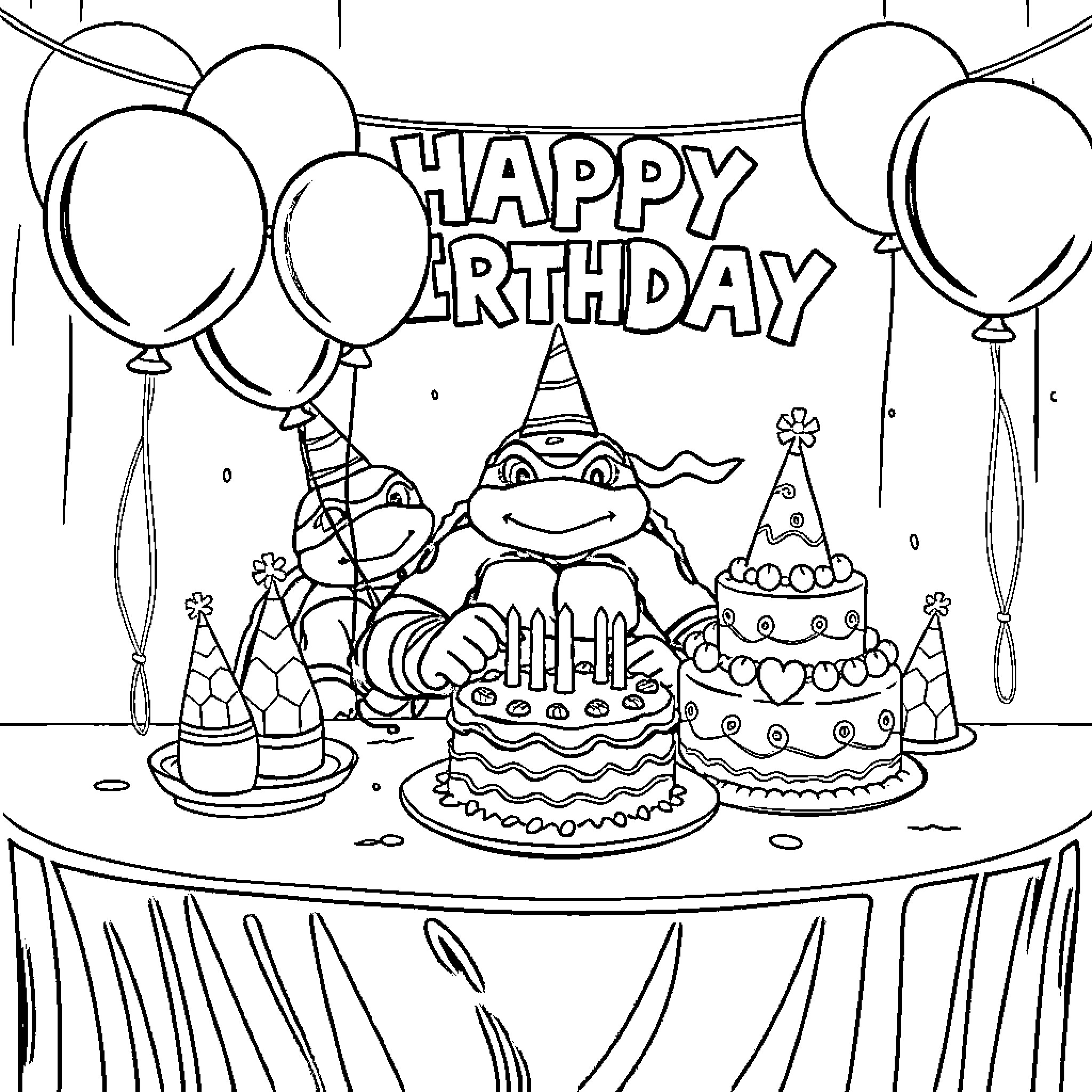Raphael's Happy Birthday Celebration with Balloons and Cakes Coloring Page (free black-and-white line drawing printable PDF for all, from beginners to advanced learners, including children, teens, adults, and seniors)