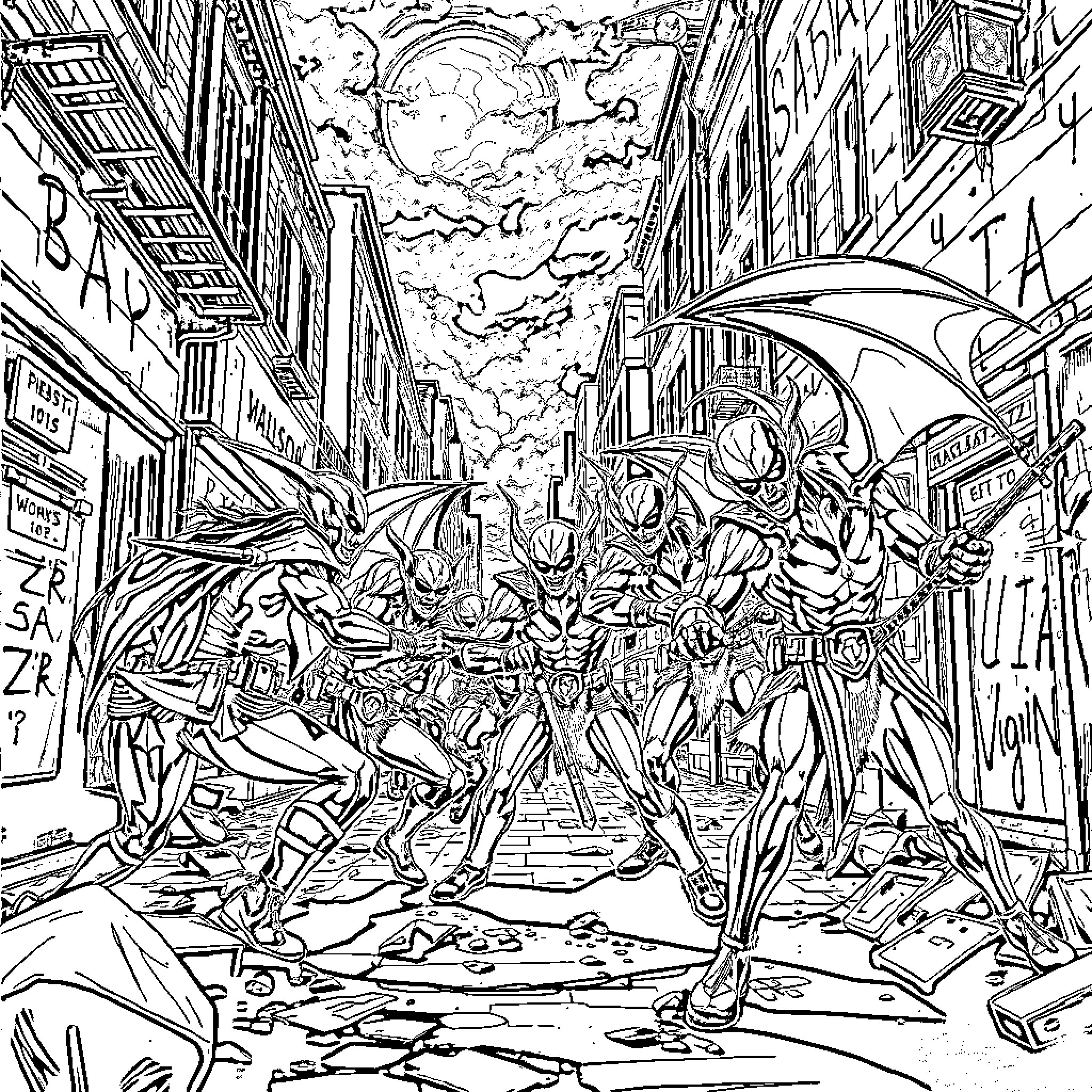 Demon Hunter's Chaotic Battle in the Urban Streets Coloring Page (free black-and-white line drawing printable PDF for all, from beginners to advanced learners, including children, teens, adults, and seniors)