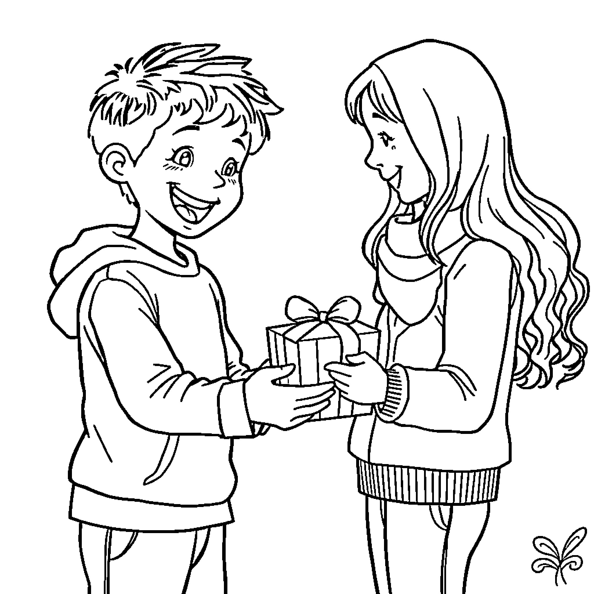 Kid gives gift to girl in casual outfit Coloring Page (free black-and-white line drawing printable PDF for all, from beginners to advanced learners, including children, teens, adults, and seniors)