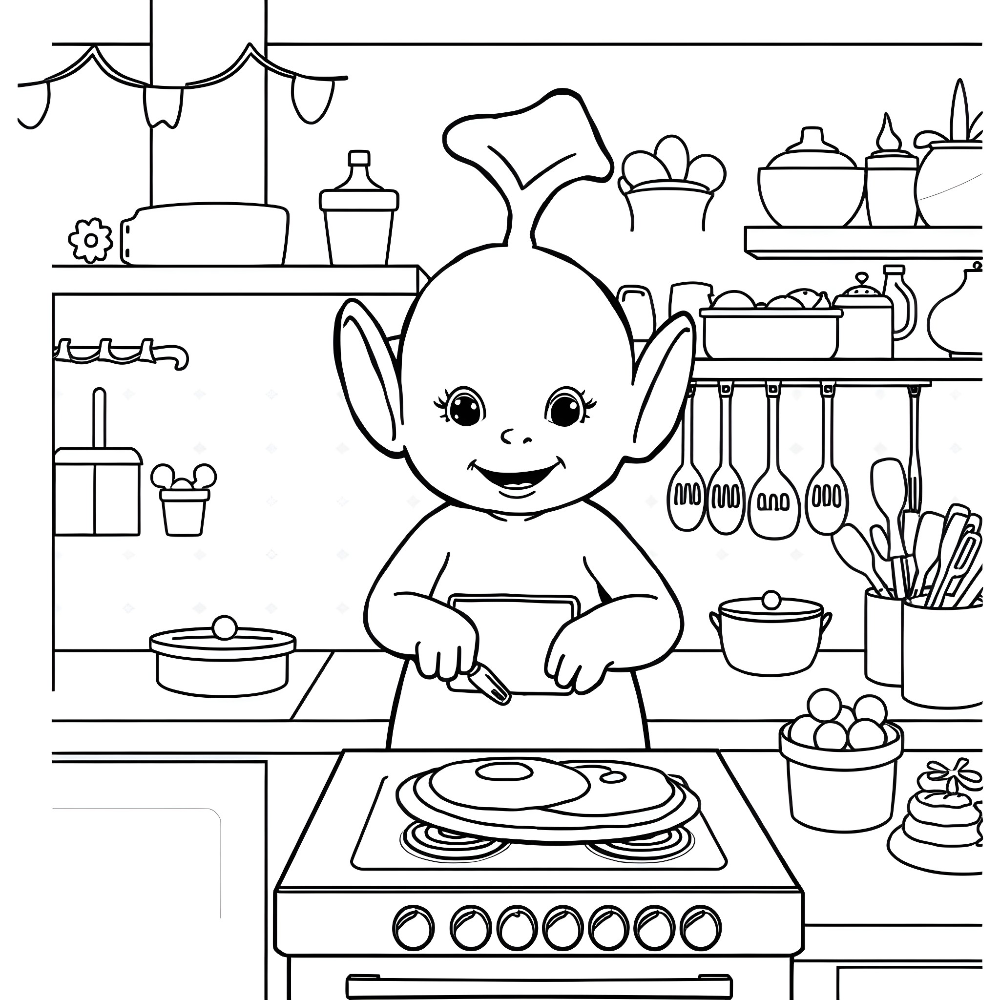Teletubby cooking joyfully in a well-equipped kitchen Coloring Page (free black-and-white line drawing printable PDF for all, from beginners to advanced learners, including children, teens, adults, and seniors)
