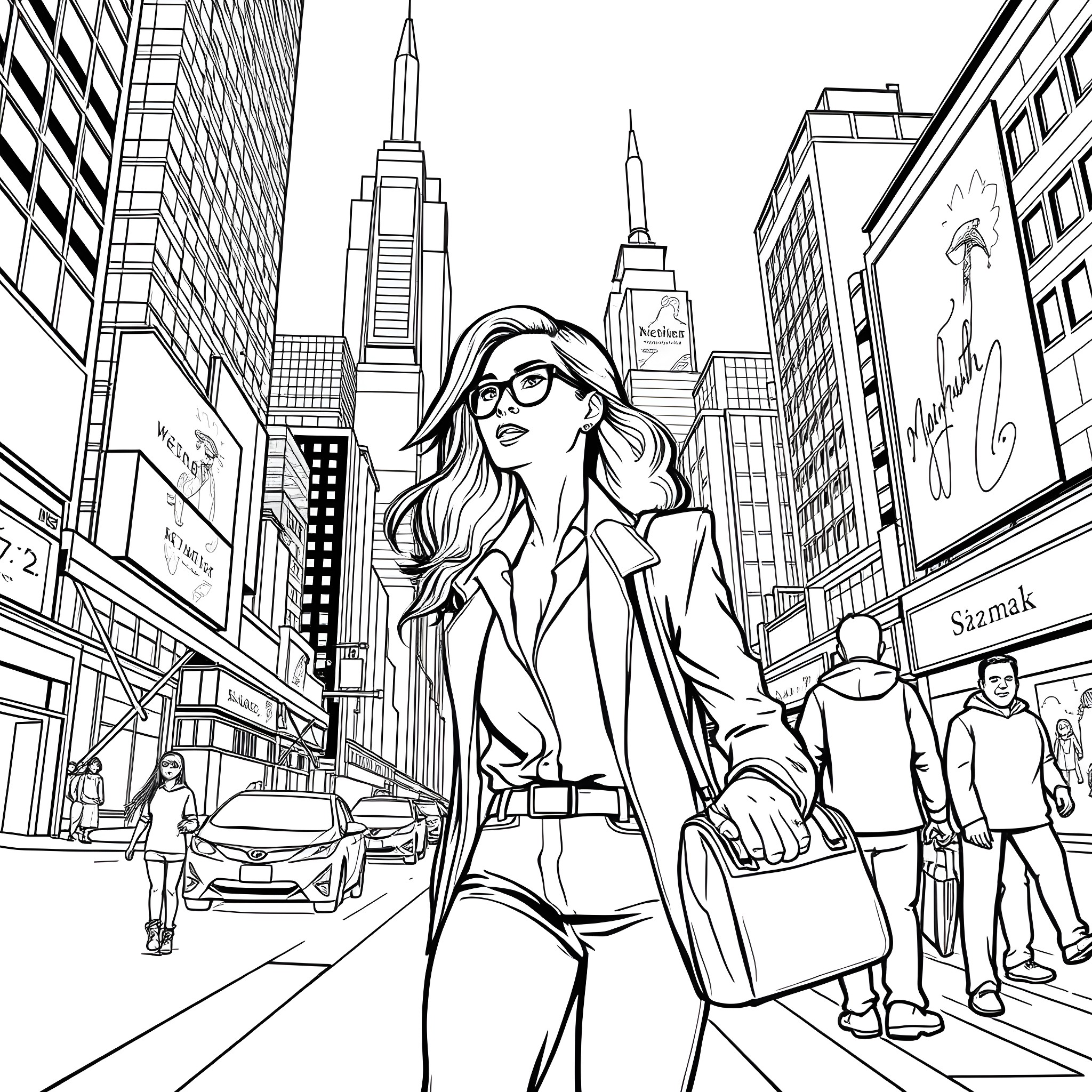 Woman exploring the bustling city streets Coloring Page (free black-and-white line drawing printable PDF for all, from beginners to advanced learners, including children, teens, adults, and seniors)