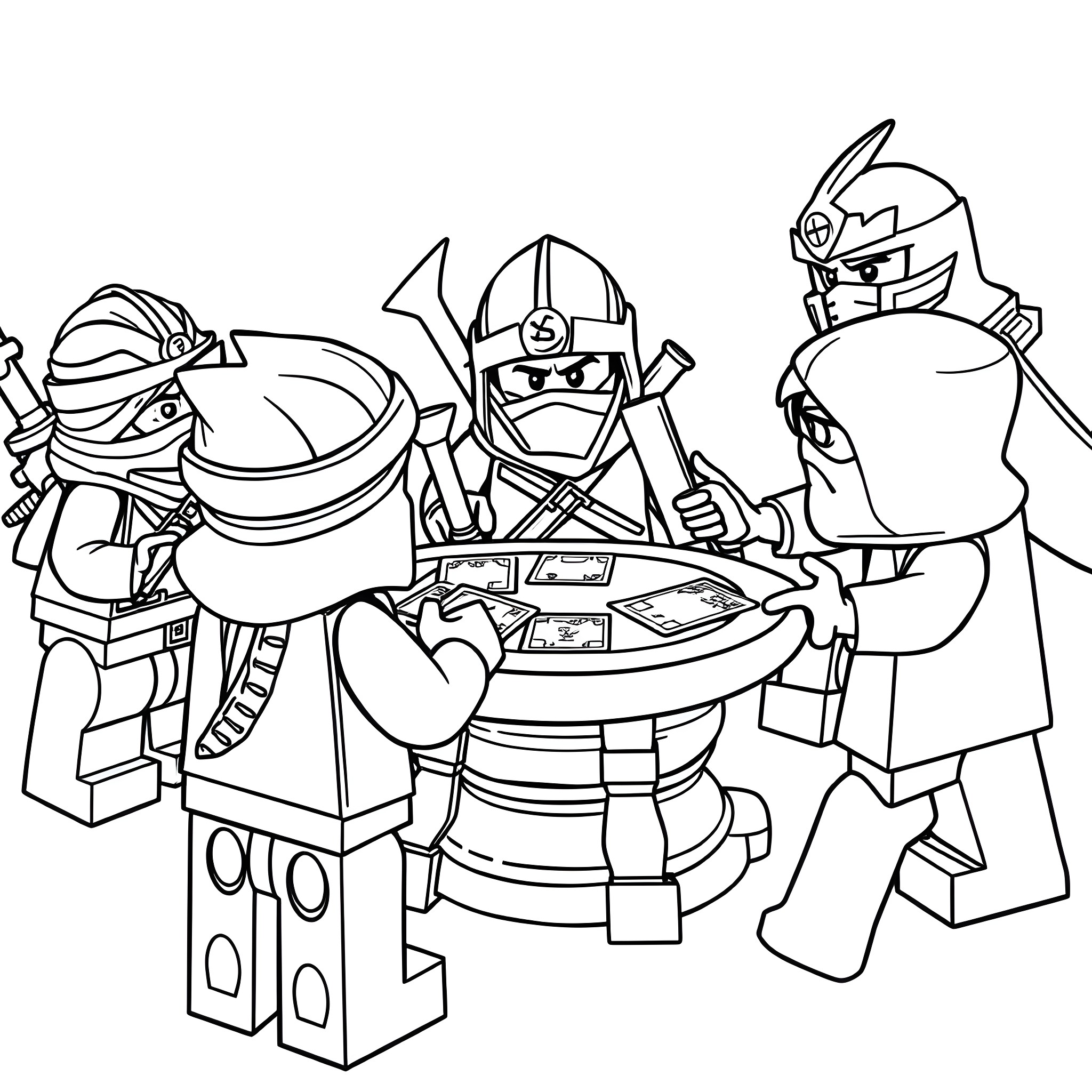 Ninjago warriors in action battle scene Coloring Page (free black-and-white line drawing printable PDF for all, from beginners to advanced learners, including children, teens, adults, and seniors)