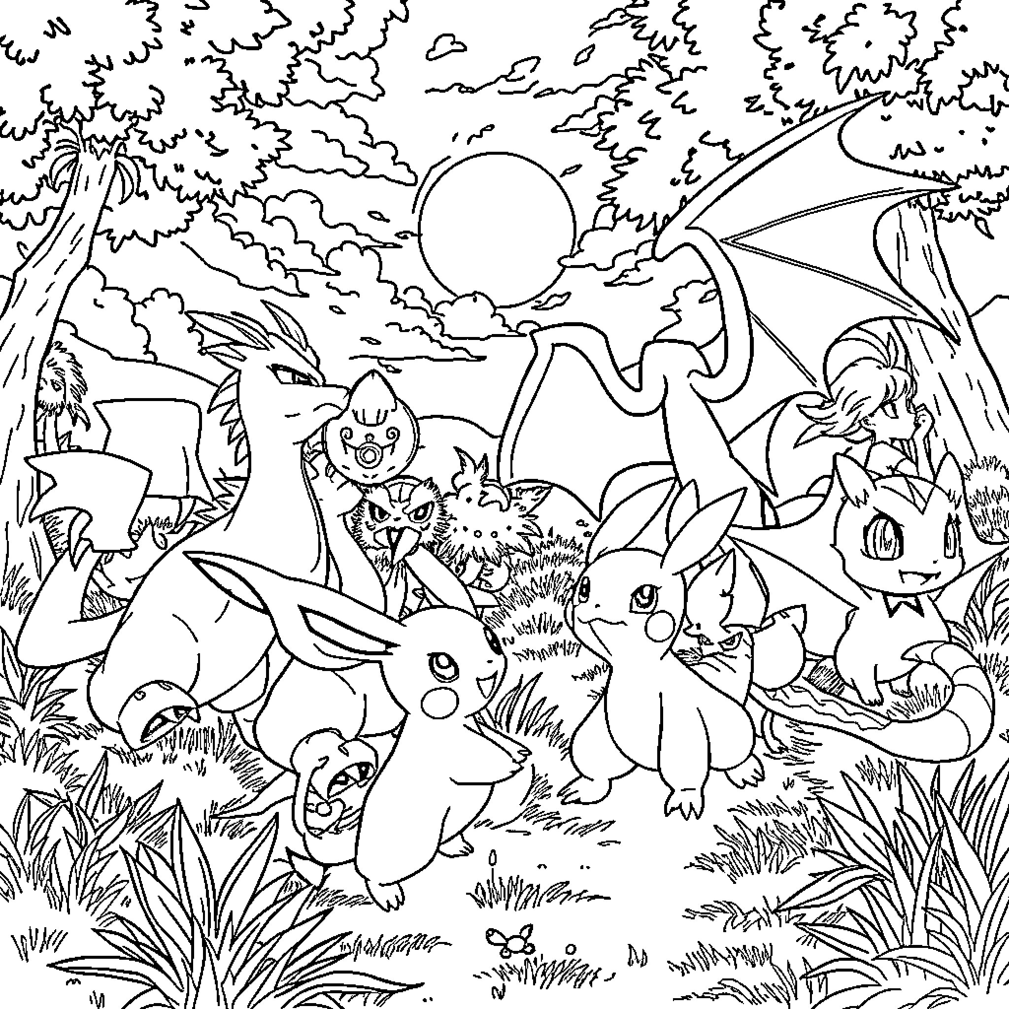 Pokémon gathering in the enchanting forest landscape Coloring Page (free black-and-white line drawing printable PDF for all, from beginners to advanced learners, including children, teens, adults, and seniors)
