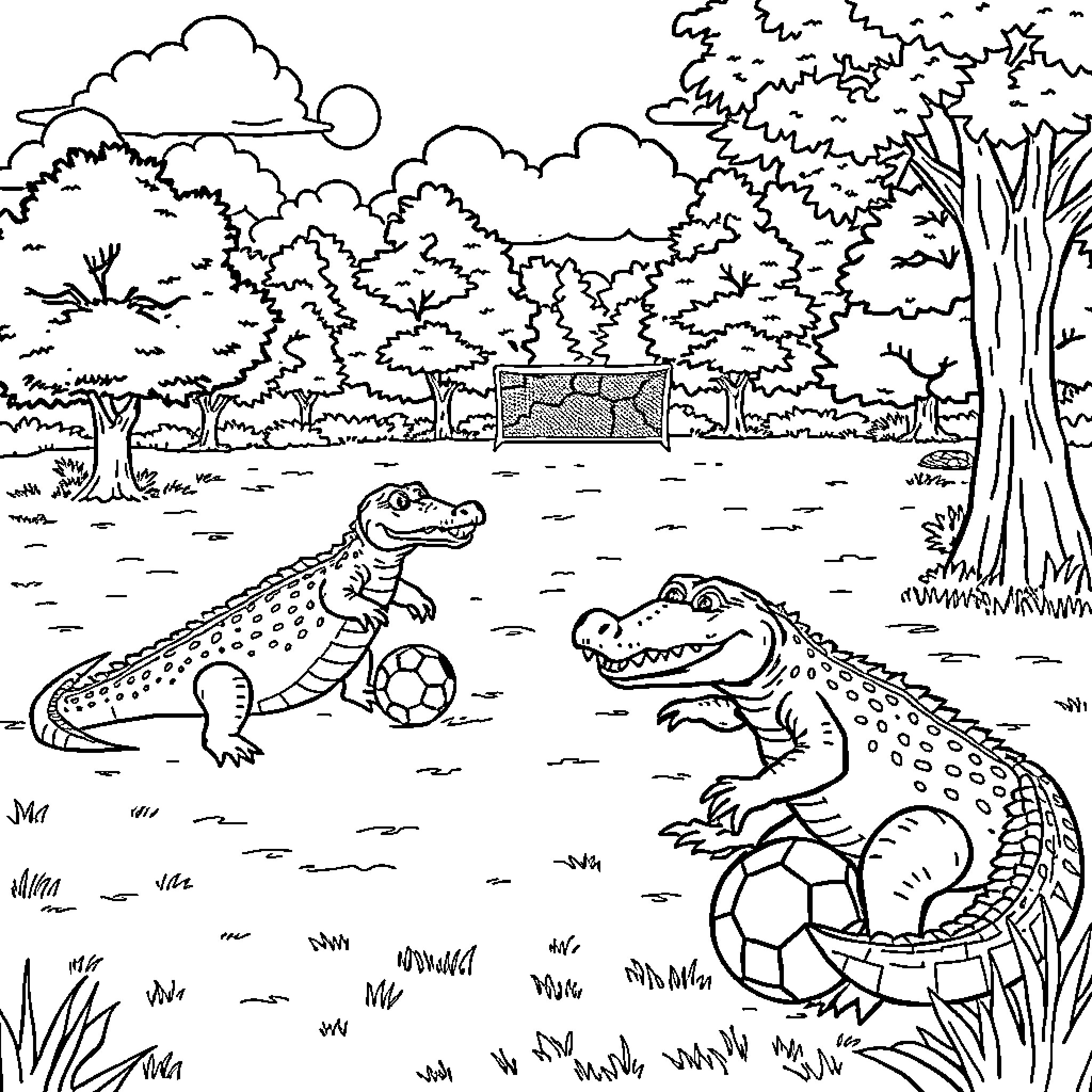 Alligators playing with soccer balls in forest Coloring Page (free black-and-white line drawing printable PDF for all, from beginners to advanced learners, including children, teens, adults, and seniors)