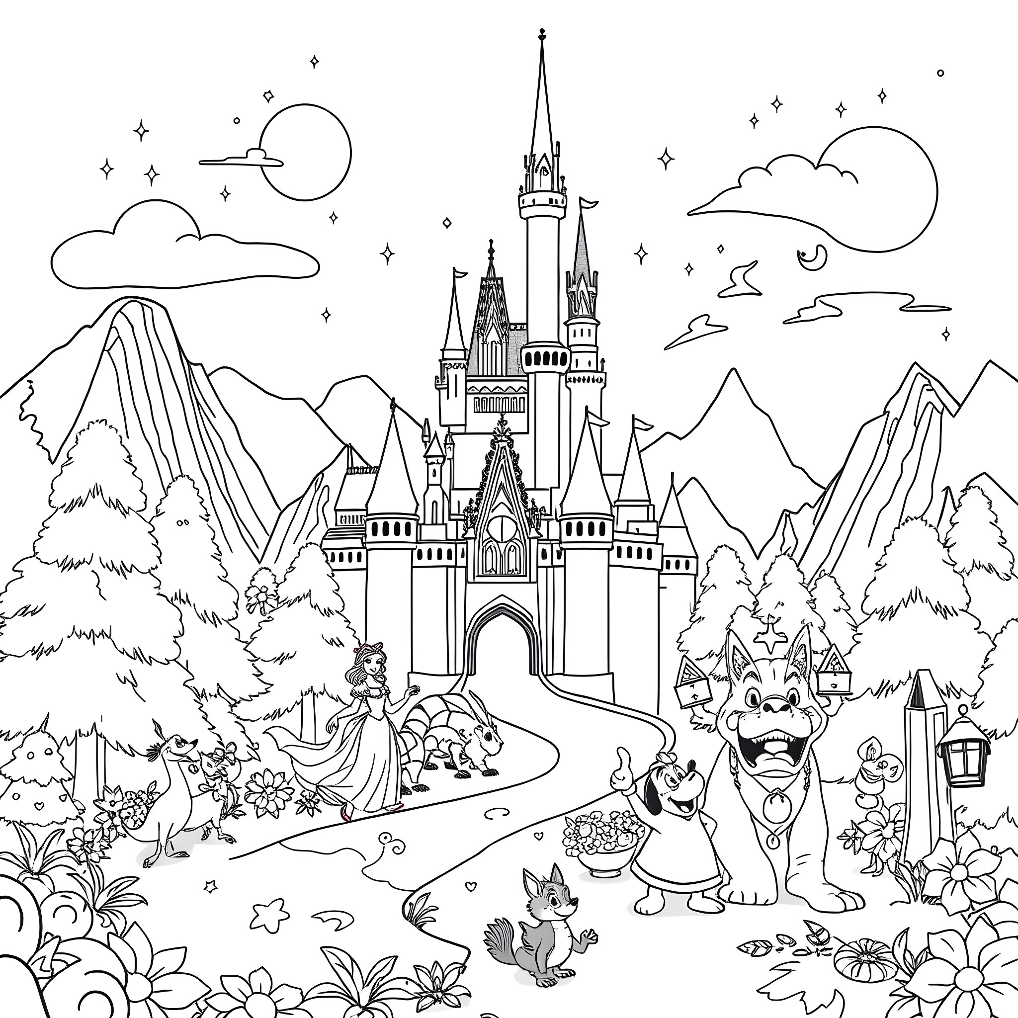 Disney characters in a magical castle landscape Coloring Page (free black-and-white line drawing printable PDF for all, from beginners to advanced learners, including children, teens, adults, and seniors)