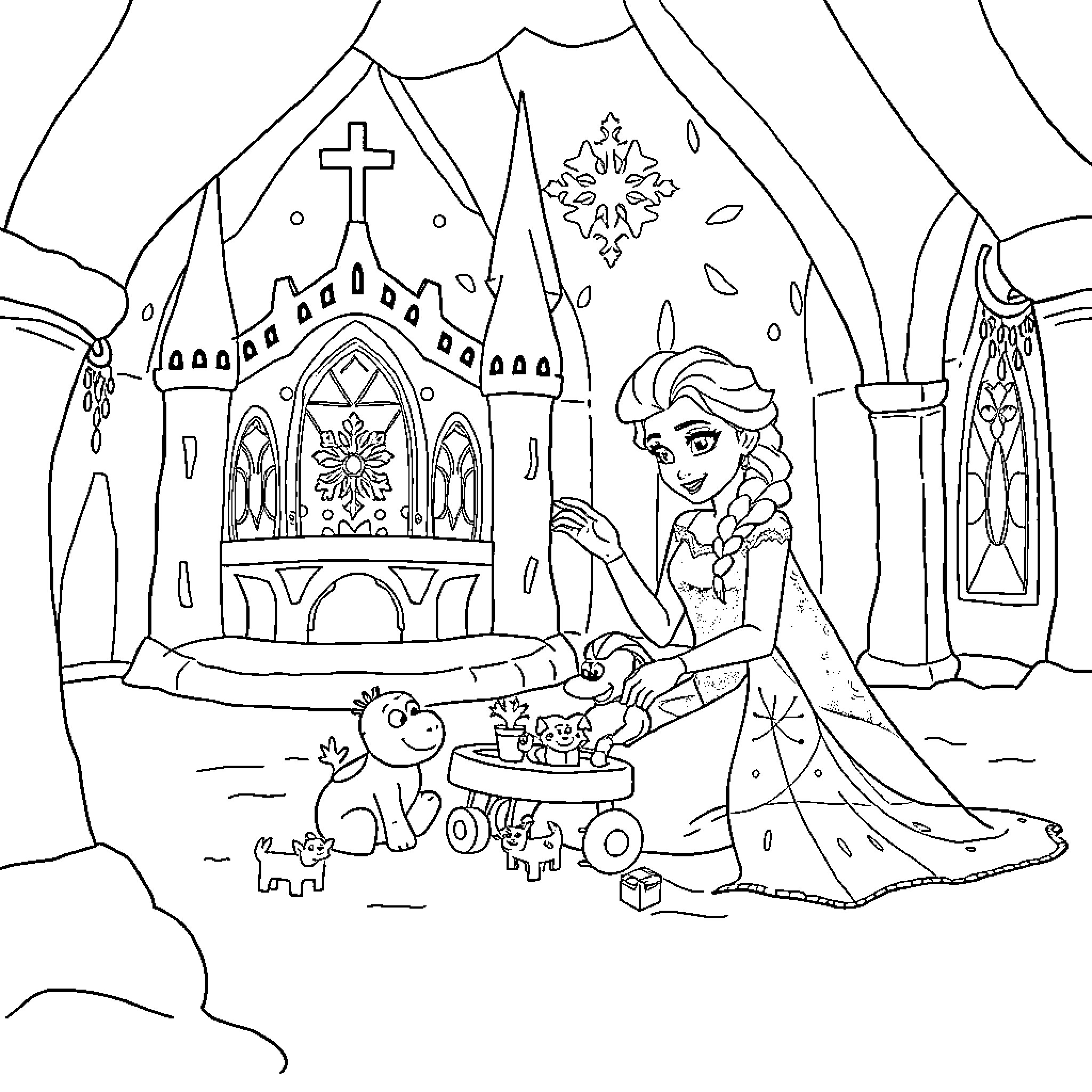 Ice Princess Enjoying a Winter Palace Adventure Coloring Page (free black-and-white line drawing printable PDF for all, from beginners to advanced learners, including children, teens, adults, and seniors)