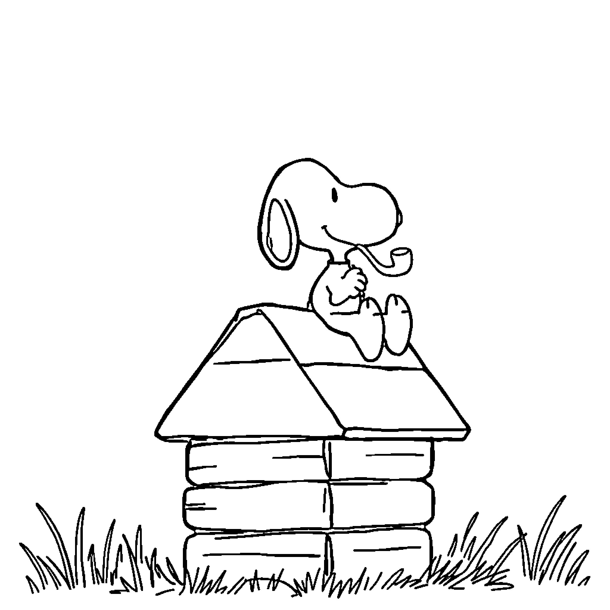 Snoopy daydreaming atop his doghouse Coloring Page (free black-and-white line drawing printable PDF for all, from beginners to advanced learners, including children, teens, adults, and seniors)