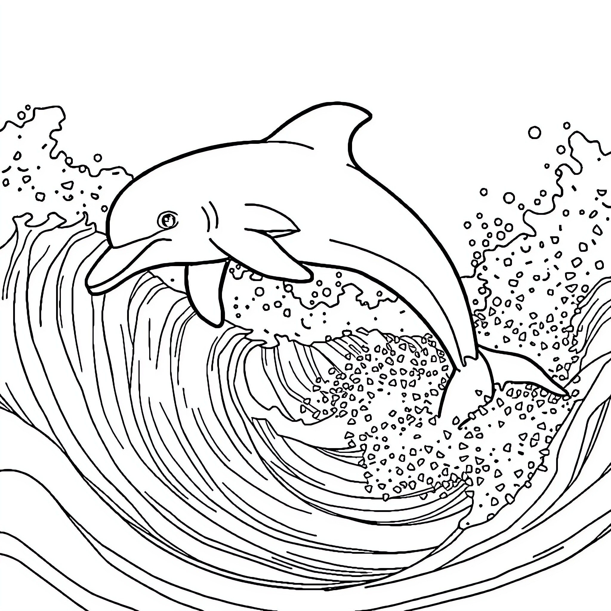 Dolphin swimming through swirling waves Coloring Page (free black-and-white line drawing printable PDF for all, from beginners to advanced learners, including children, teens, adults, and seniors)
