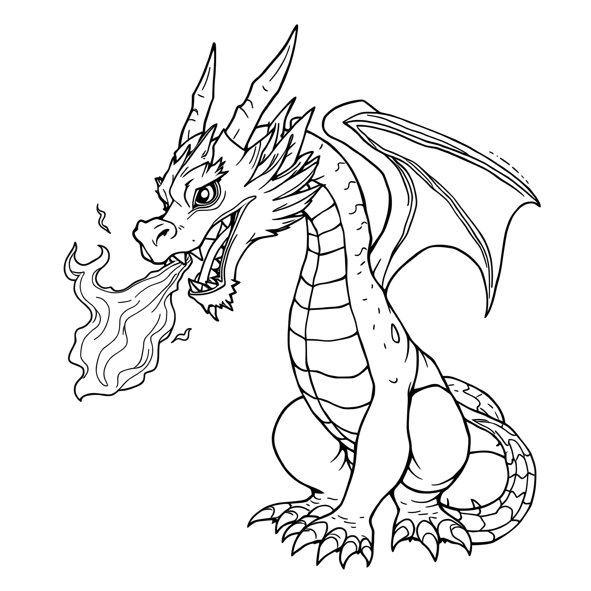 Dragon breathing fire with fierce expression Coloring Page (free black-and-white line drawing printable PDF for all, from beginners to advanced learners, including children, teens, adults, and seniors)