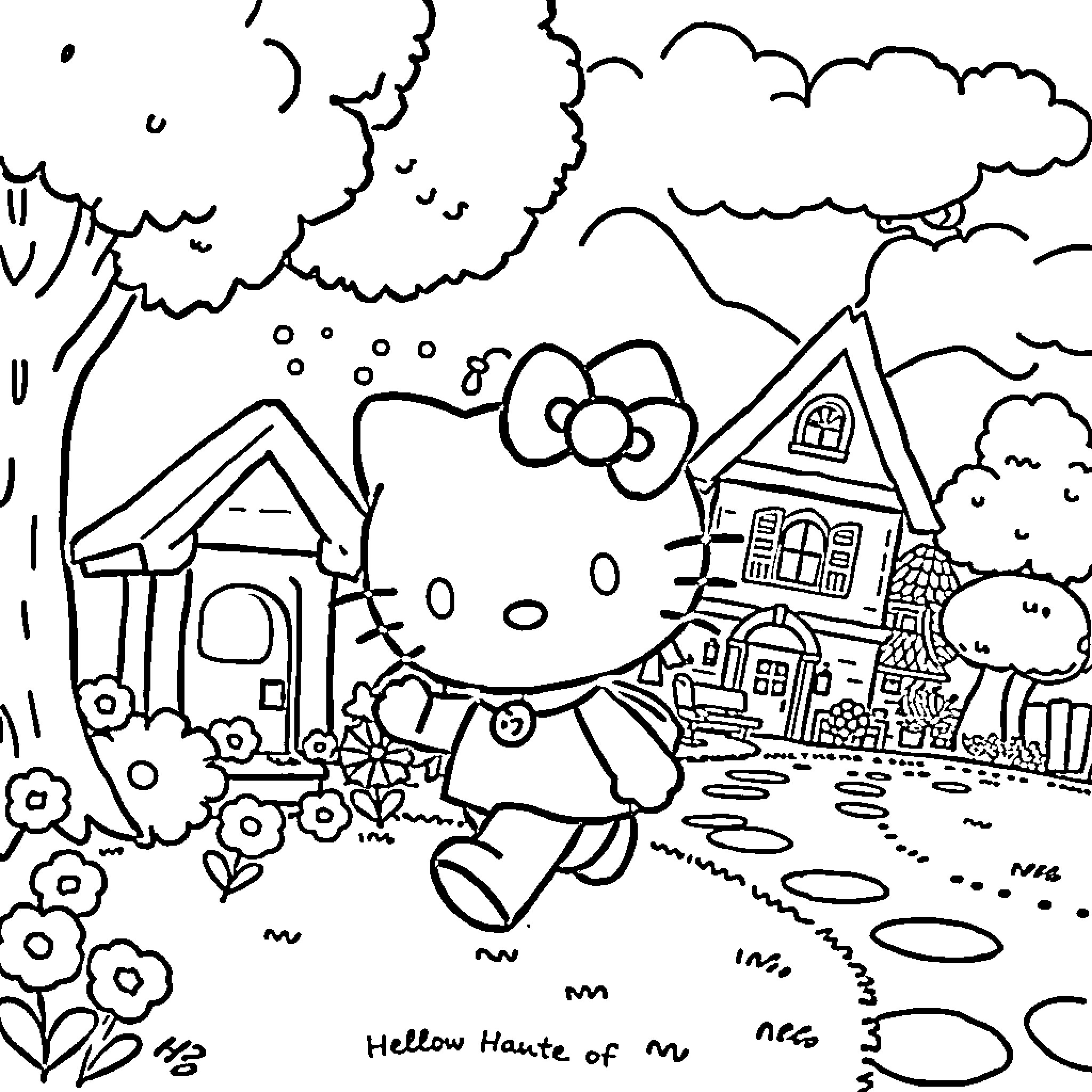Hello Kitty enjoys a countryside scene Coloring Page (free black-and-white line drawing printable PDF for all, from beginners to advanced learners, including children, teens, adults, and seniors)