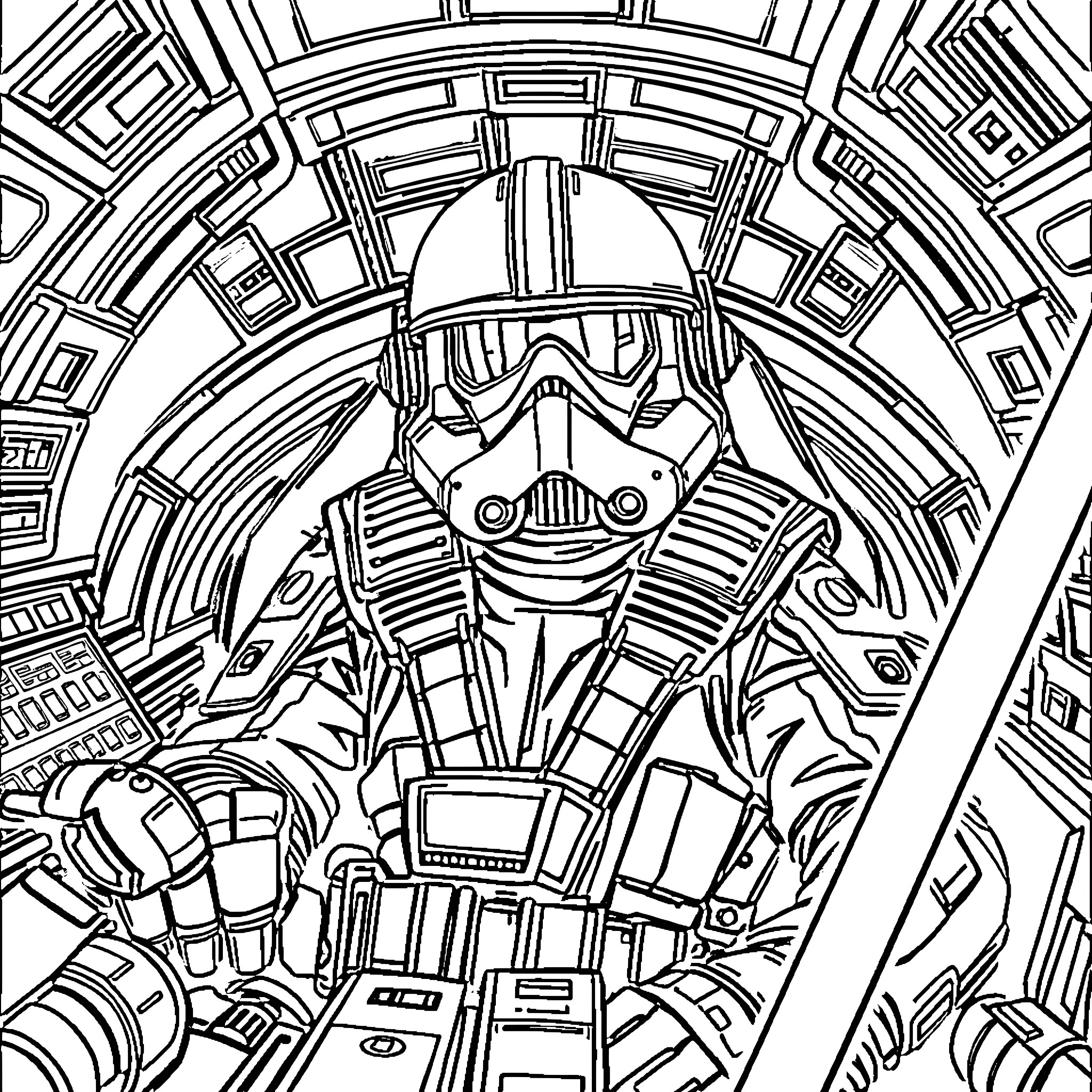 Pilot in futuristic spacecraft cockpit Coloring Page (free black-and-white line drawing printable PDF for all, from beginners to advanced learners, including children, teens, adults, and seniors)
