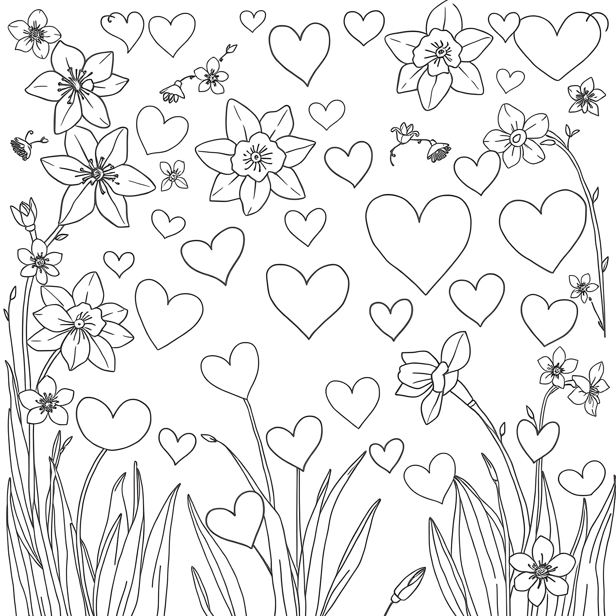 Daffodil flowers and abstract hearts in a nature scene Coloring Page (free black-and-white line drawing printable PDF for all, from beginners to advanced learners, including children, teens, adults, and seniors)