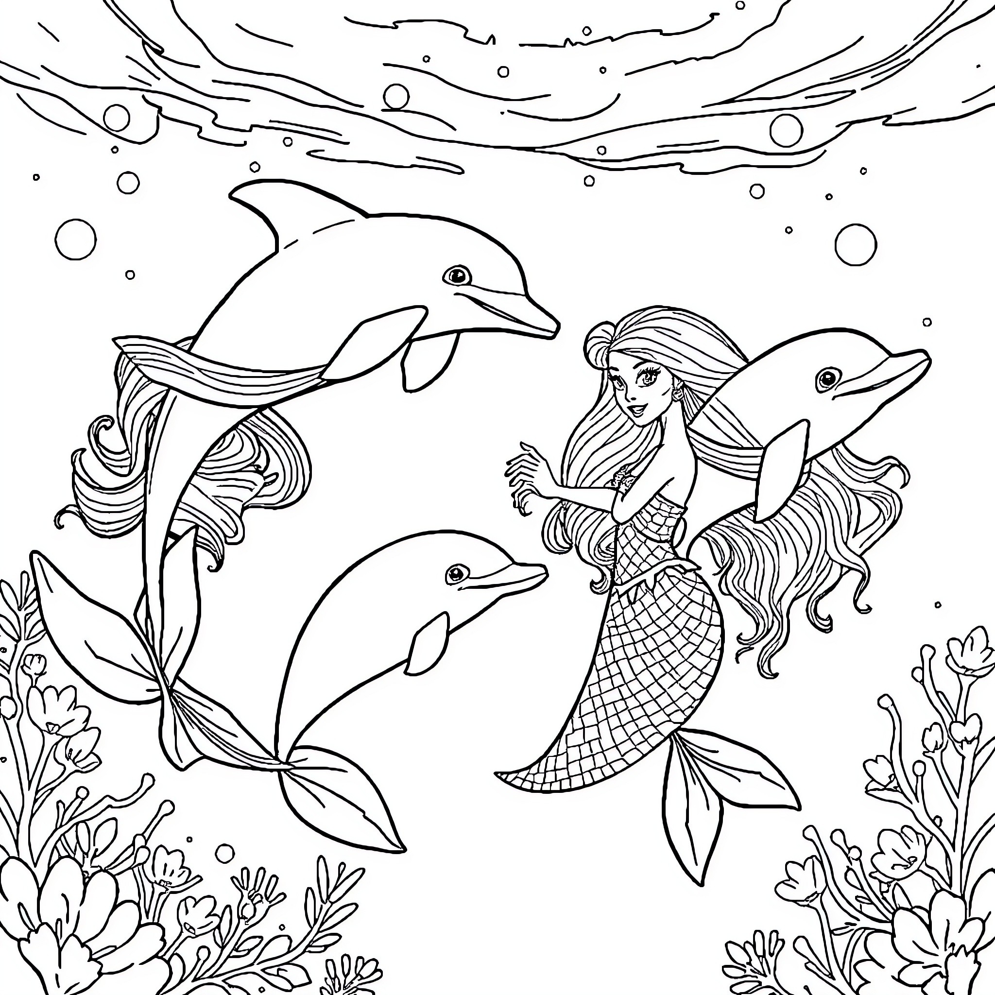Mermaid swimming with dolphins in the ocean Coloring Page (free black-and-white line drawing printable PDF for all, from beginners to advanced learners, including children, teens, adults, and seniors)