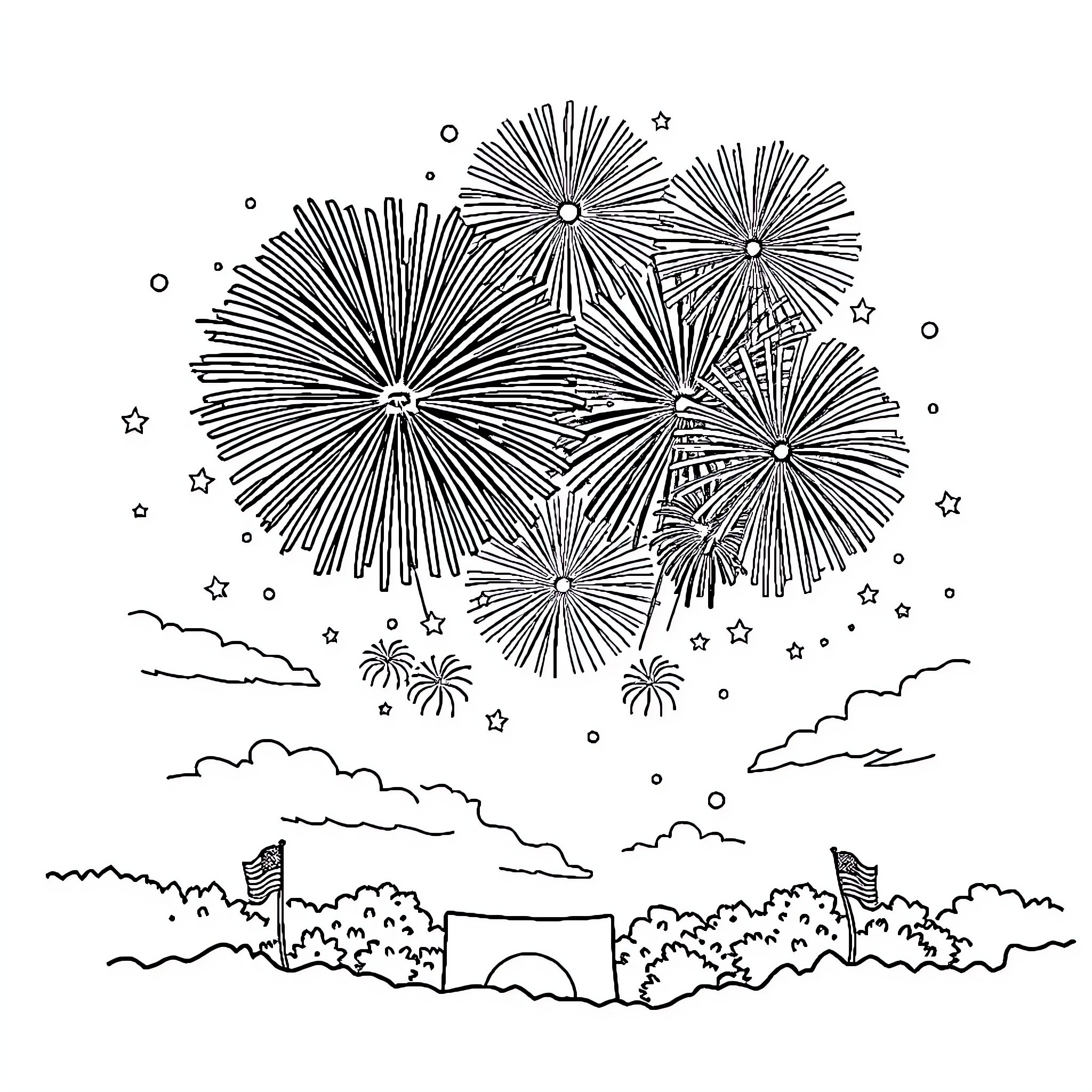 Bluey's Festive Fireworks Display Coloring Page (free black-and-white line drawing printable PDF for all, from beginners to advanced learners, including children, teens, adults, and seniors)