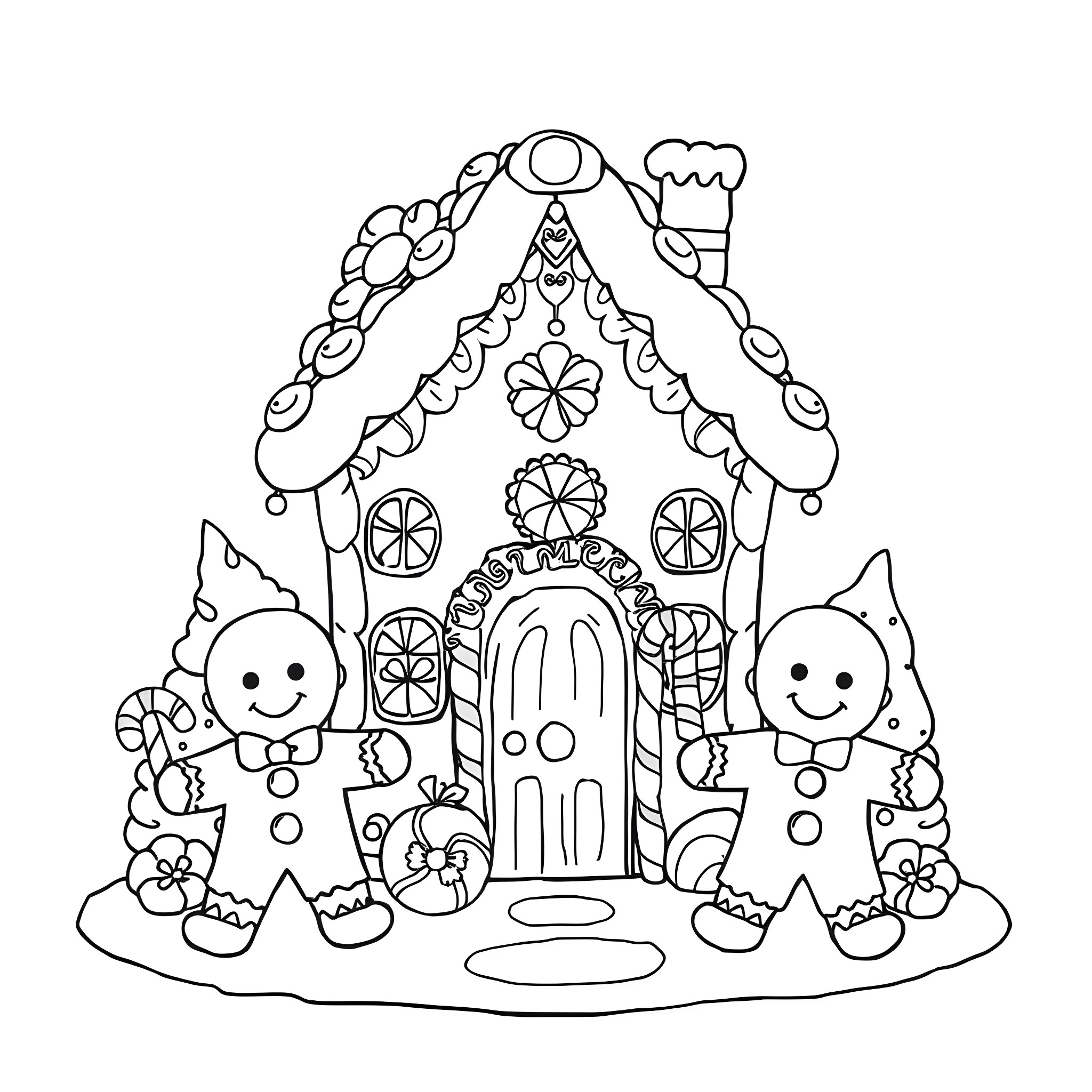 Gingerbread House with Smiling Characters Coloring Page (free black-and-white line drawing printable PDF for all, from beginners to advanced learners, including children, teens, adults, and seniors)