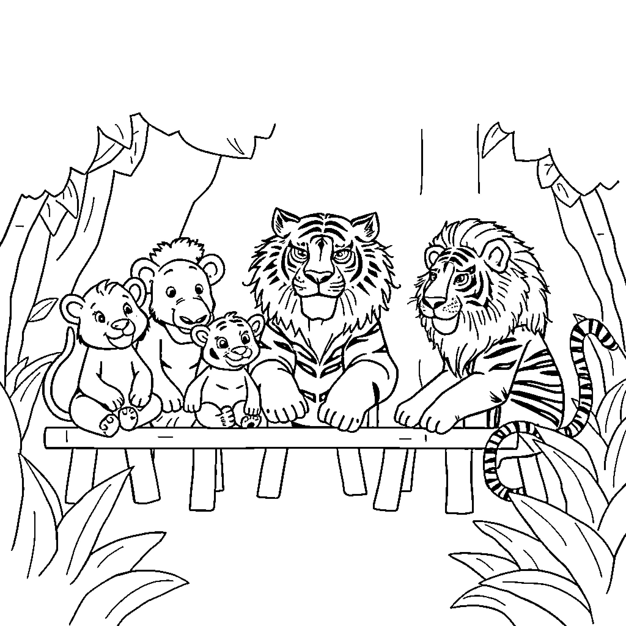 Jungle Animals in Playful Gathering Coloring Page (free black-and-white line drawing printable PDF for all, from beginners to advanced learners, including children, teens, adults, and seniors)
