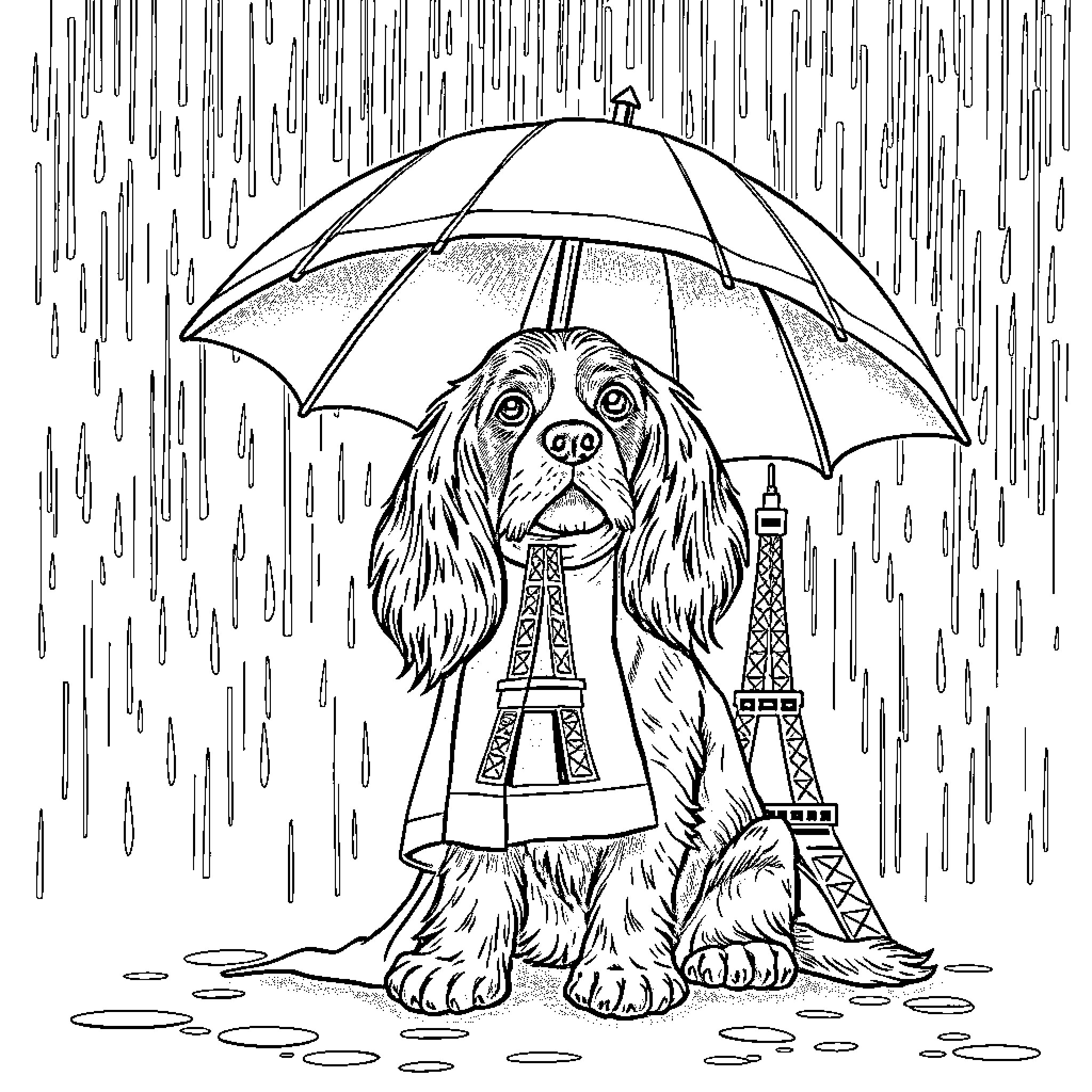 Cocker Spaniel enjoying rainy day in Paris Coloring Page (free black-and-white line drawing printable PDF for all, from beginners to advanced learners, including children, teens, adults, and seniors)