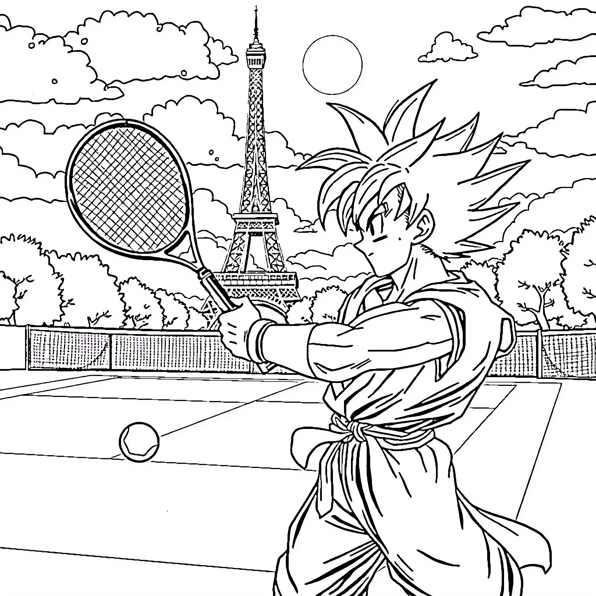 Son Goku plays tennis in front of the Eiffel Tower Coloring Page (free black-and-white line drawing printable PDF for all, from beginners to advanced learners, including children, teens, adults, and seniors)