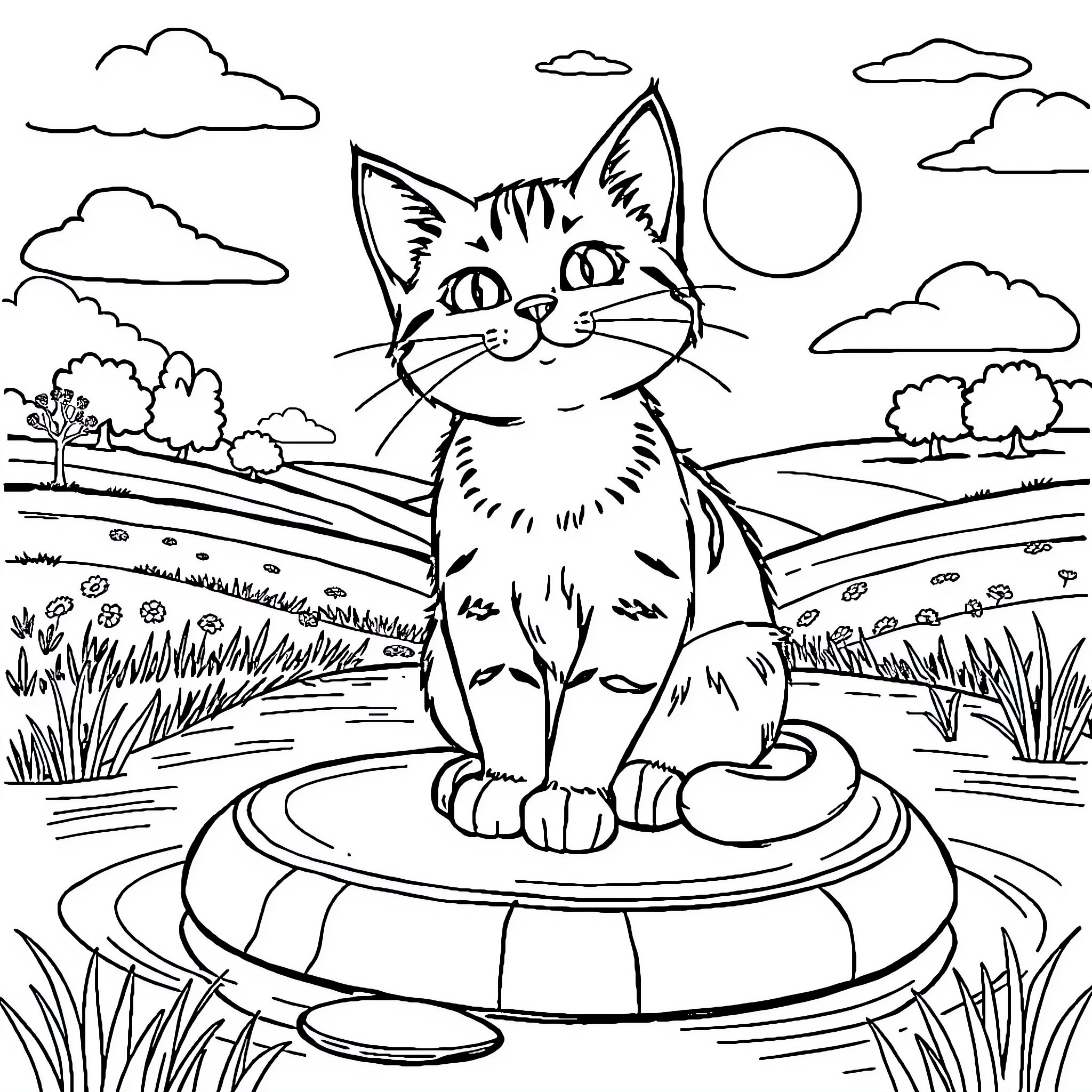 Cat sitting on a garden fountain Coloring Page (free black-and-white line drawing printable PDF for all, from beginners to advanced learners, including children, teens, adults, and seniors)