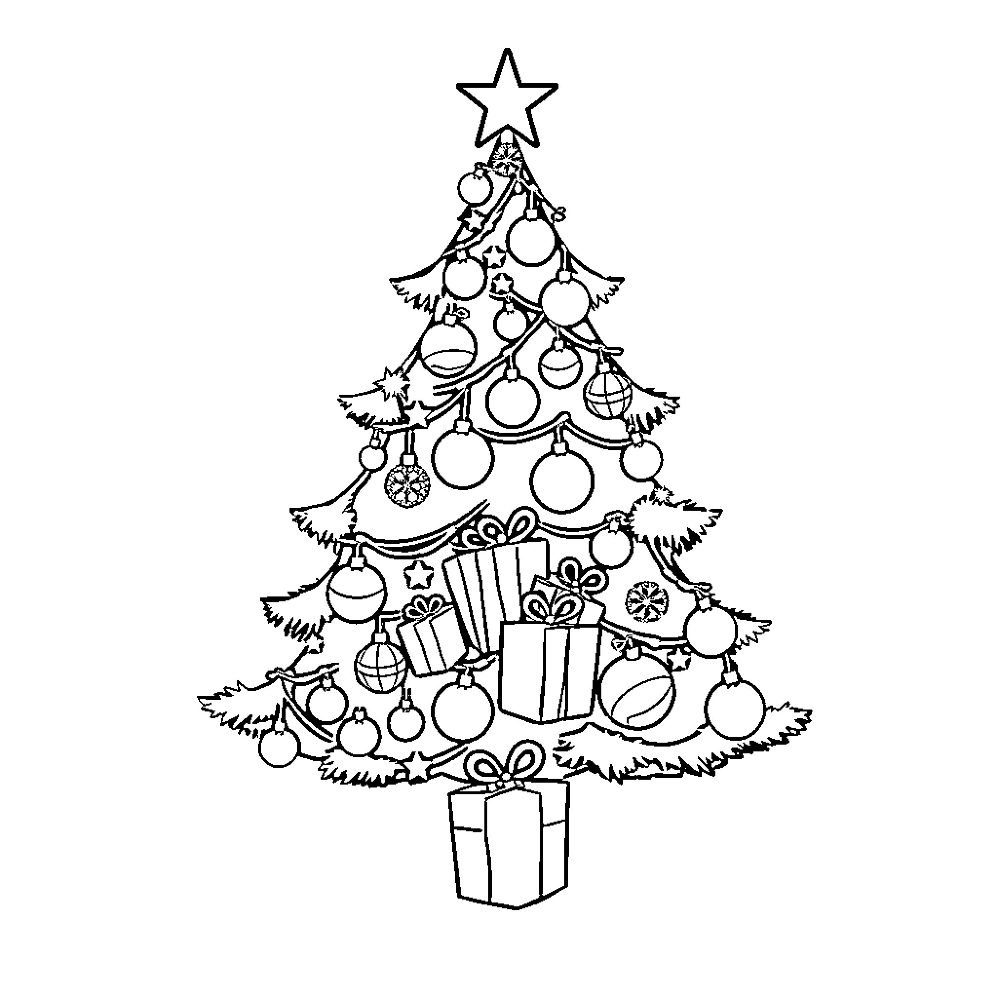 Christmas Tree with Decorated Ornaments and Gifts Coloring Page (free black-and-white line drawing printable PDF for all, from beginners to advanced learners, including children, teens, adults, and seniors)